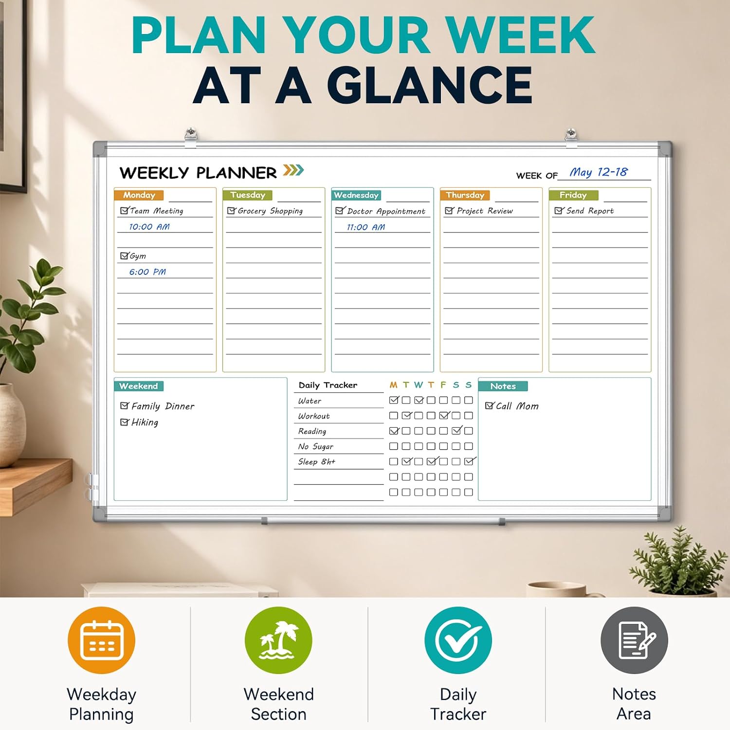 Weekly Dry Erase Calendar Whiteboard with Corkboard, 30" x 20", Silver image 2