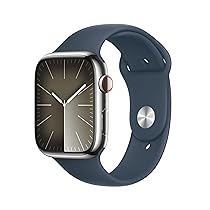 Apple Watch Series 9 GPS + Cellular 45mm Smartwatch con cassa in acciaio inossidabile color argento e Cinturino Sport blu tempesta – S, M. Fitness tracker, app Livelli O₂, display Retina always-on