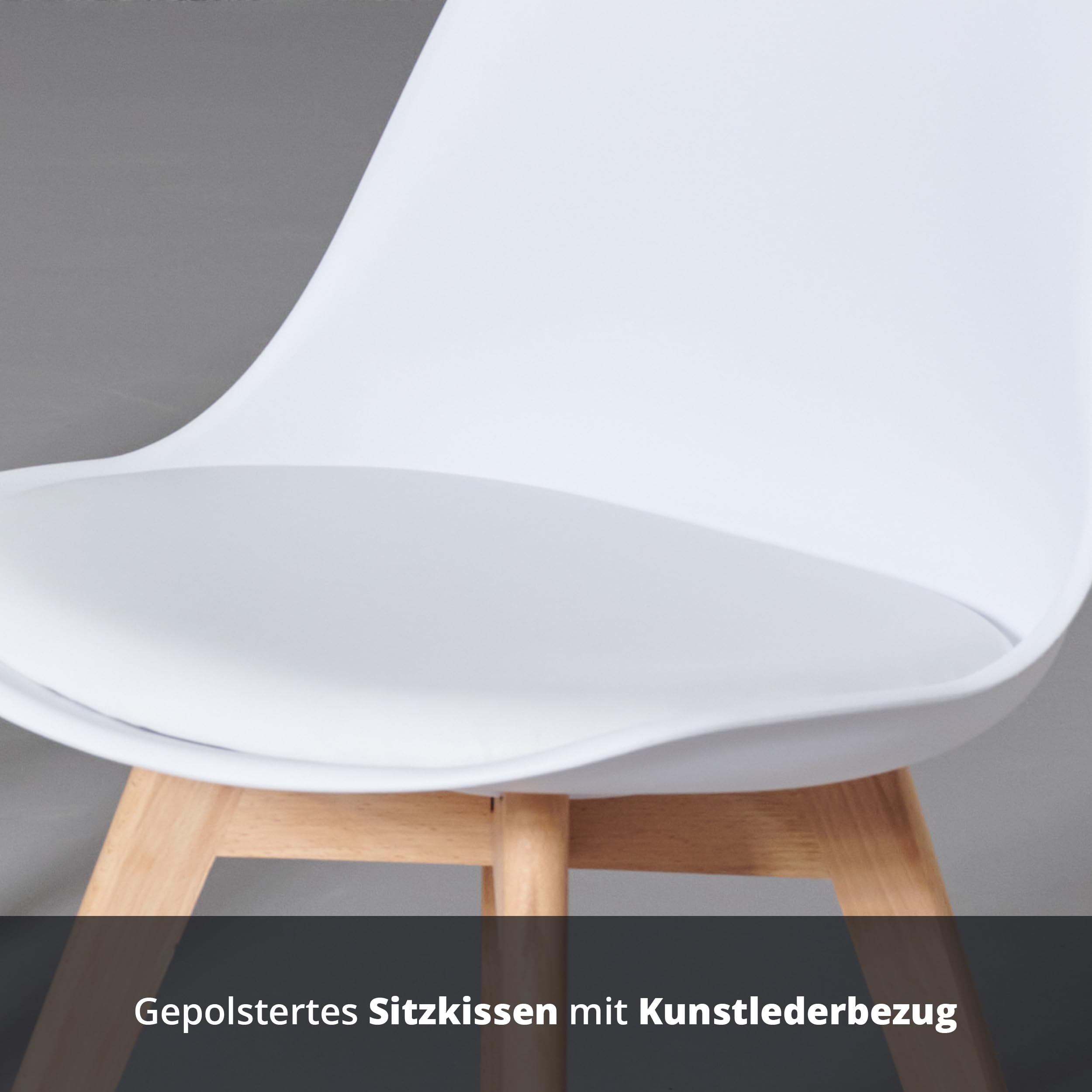 KHG Esszimmerstuhl Polsterstuhl Skandi Look - Stuhlbeine Massivholz Buche, Kunststoff Sitzschale, gepolstertes Kunstleder-Sitzkissen, modern & pflegeleicht, belastbar bis 150 kg - Weiß