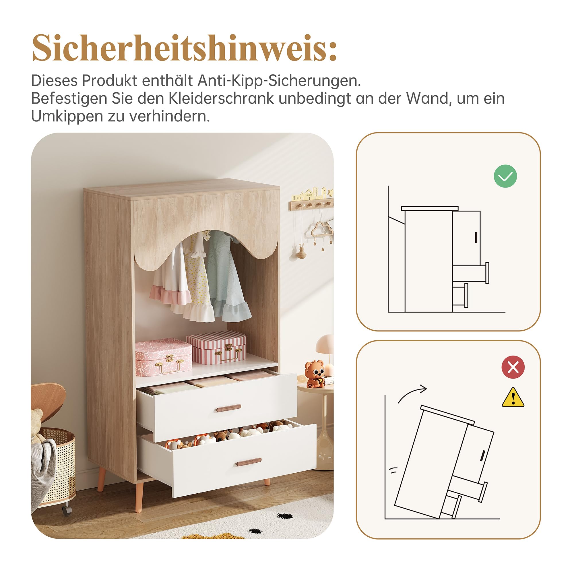 Soweiz Appendiabiti per bambini con porta scorrevole, bianco + legno naturale, 141,5 cm