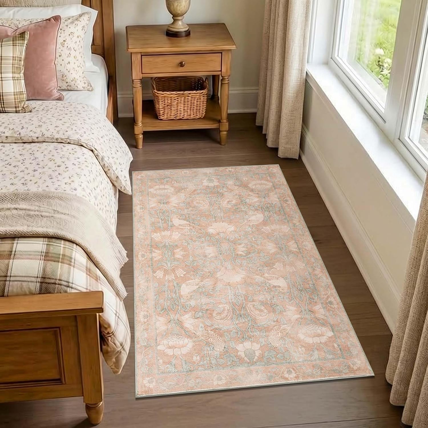 jinchan 3x5 Vintage Floral Rug, Washable Non Slip, Muted Rose image 2