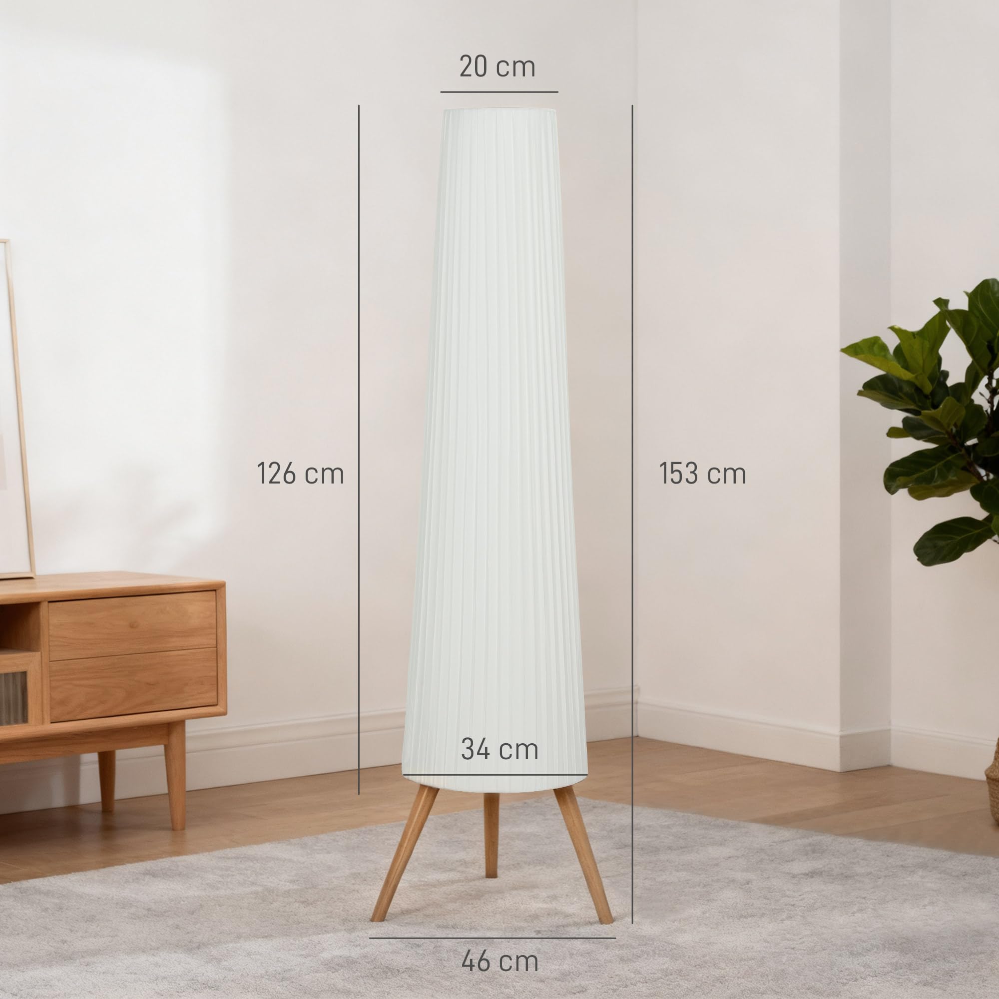 HOMCOM Lampada da Terra Treppiede con Interruttore a Pedale, Lampada a Pavimento con Luminosità Regolabile, Paralume in Tessuto e Gambe in Legno, per Salotto e Soggiorno, 46x46x153 cm, Bianco