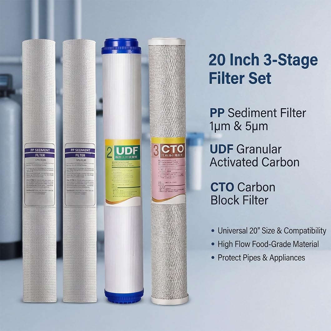 1 kit remplacement de filtre à eau domestique à 3 étapes 20in, composé sédiments PP 1 μm + PP 5 μm + UDF + charbon actif CTO, débit élevé usage résidentiel et commercial
