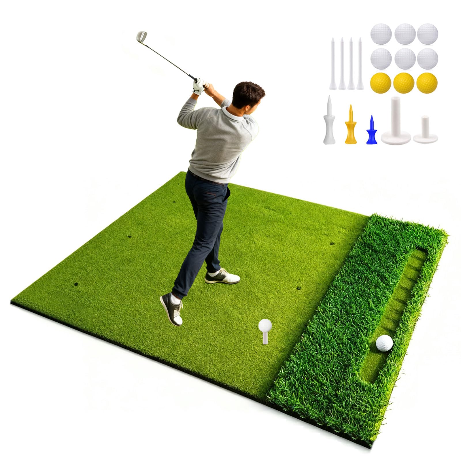 5x4ft Golf Hitting Mat, Premium Thickened Mat (40mm Long Grass+ 16mm Putting Green Turf+ 10mm High-Elastic Cushion), Includes 9 Balls & 9 TEEs, Dual Tee & Chipping Area Design