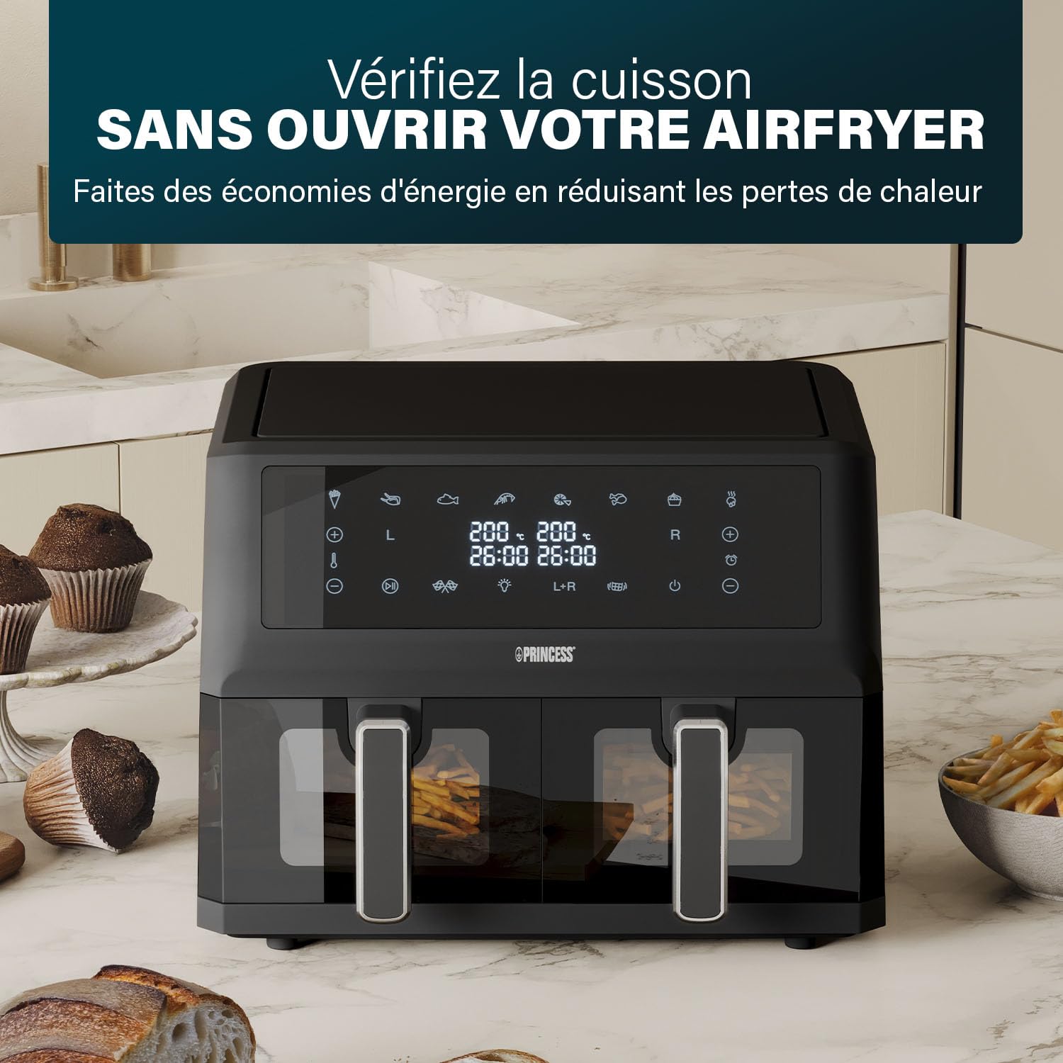 Princess XXL friteuse sans huile à double panier - 11 L - Sans BPA ni PFAS - Fin de cuisson synchronisée - 8 programmes - Hublot - 2 400 W - 182276