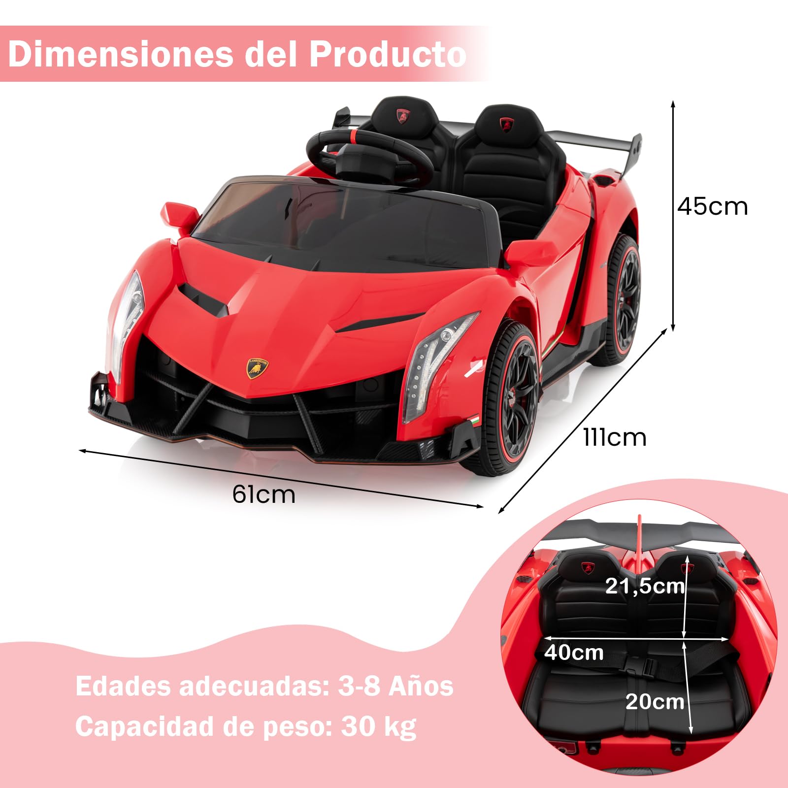 GOPLUS Coche Eléctrico Infantil 12V, Coche Infantil Lamborghini 1 Plaza, Mando a Distancia 2.4G, Puertos AUX y USB, Multimedia, para Niños de 3 a 8 Años, Carga 30KG (Rojo)