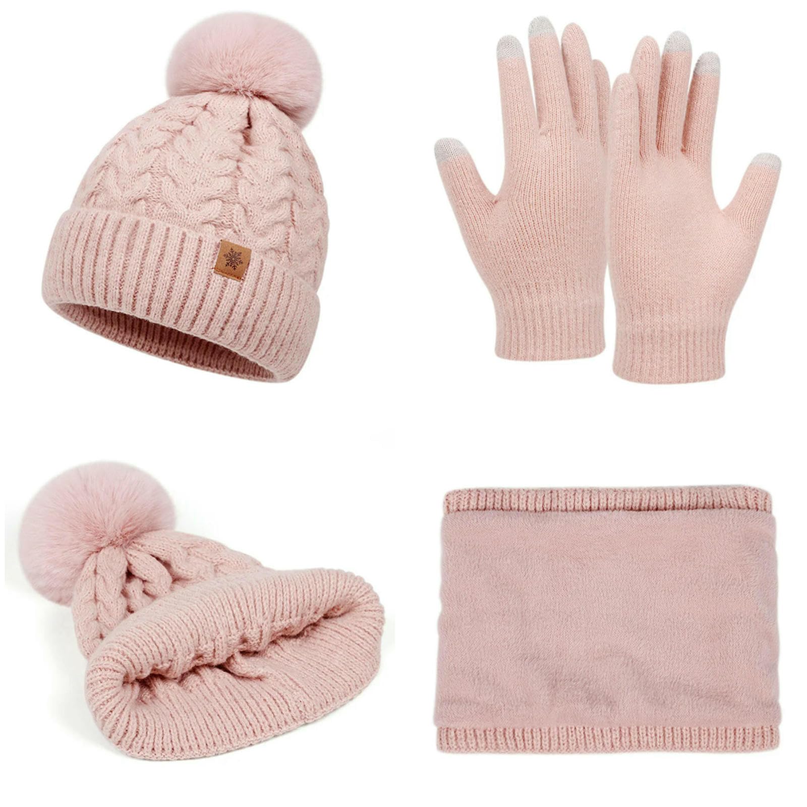 Mütze,Schal & Handschuh-Sets 3-teiliges Damen-winterset – Strickmütze, Touchscreen-Handschuhe Und Umwandelbarer Halskettenschal, Bestehend Aus Wintermütze, Schal Handschuhen -schwarz-3 Stück