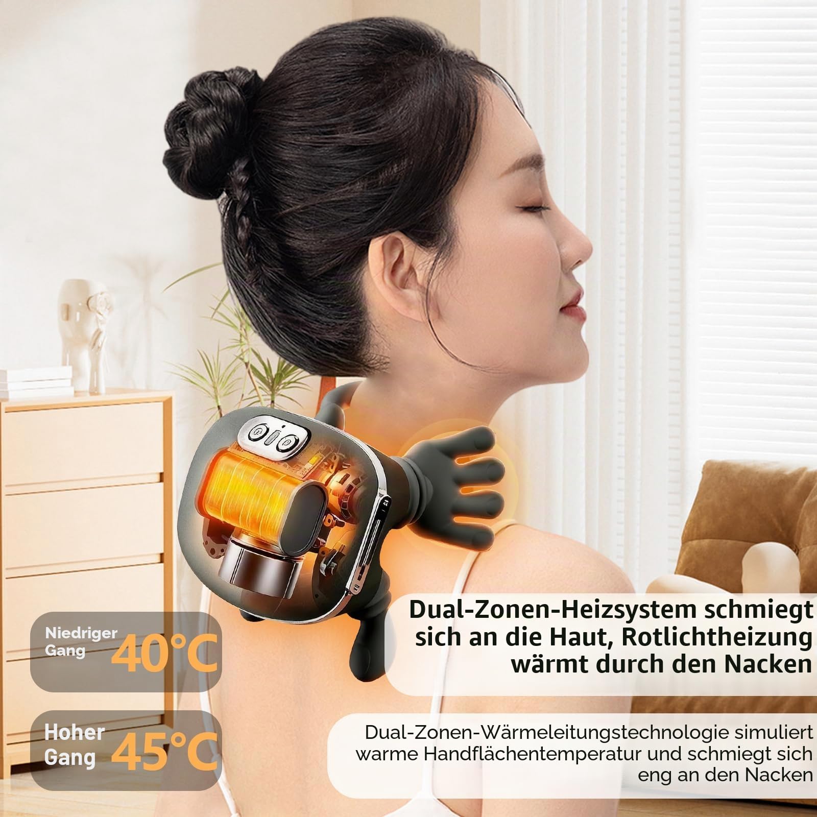 4D Nackenmassagegerät mit Wärme, Shiatsu Massagegerät, Massagegerät Nacken, kabelloses U-förmiges Massagekissen, 3 Massagegrade & 2 Temperaturstufen, für Zuhause, Büro, Reise (Stil 1)