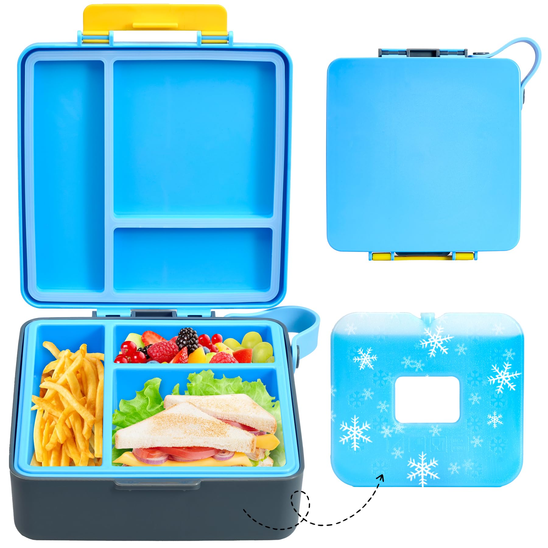 Howeemo Chill Bento Lunch Box for Kids Adult with Ice Pack,Leak Proof 3 Compartments Lunch Container for Kids,Ice Pack Detachable Bento Box,BPA Free,Dishwasher & Microwave Safe-Black Blue