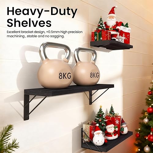 Miniatura 14 de BAYKA Estantes de pared para decoración de dormitorio, estantes flotantes para sala de estar, cocina, estantes flotantes montados de madera rústica