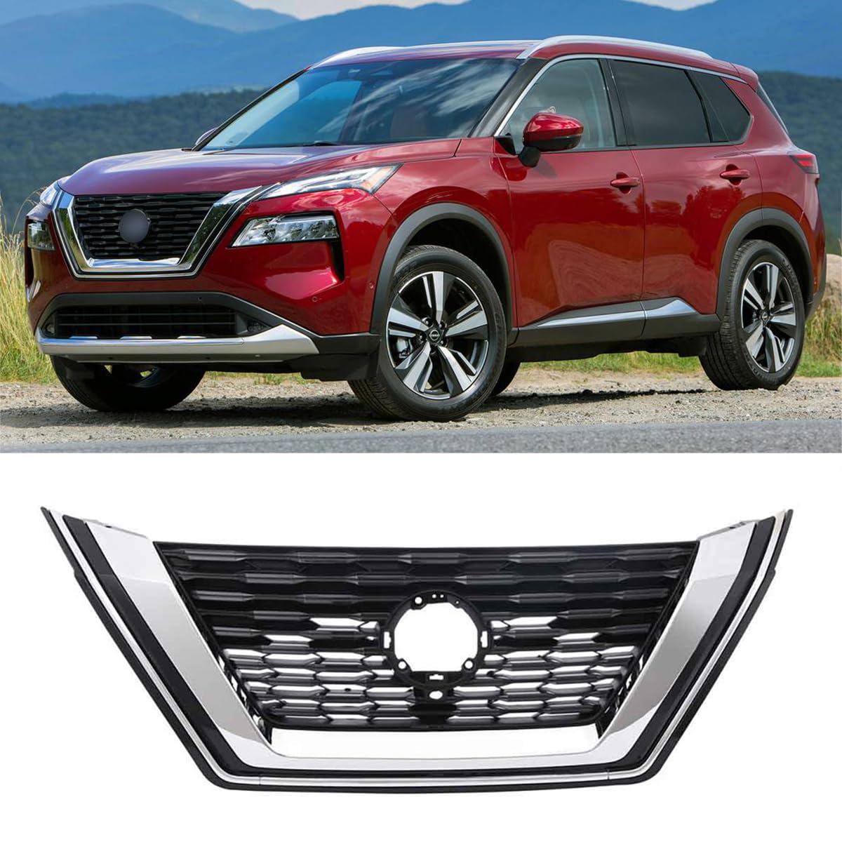 Bumper Grille Compatible with 2021 2022 2023 N1SSAN Qashqai Rogue Front Grille Insert Grill Chrome & Black