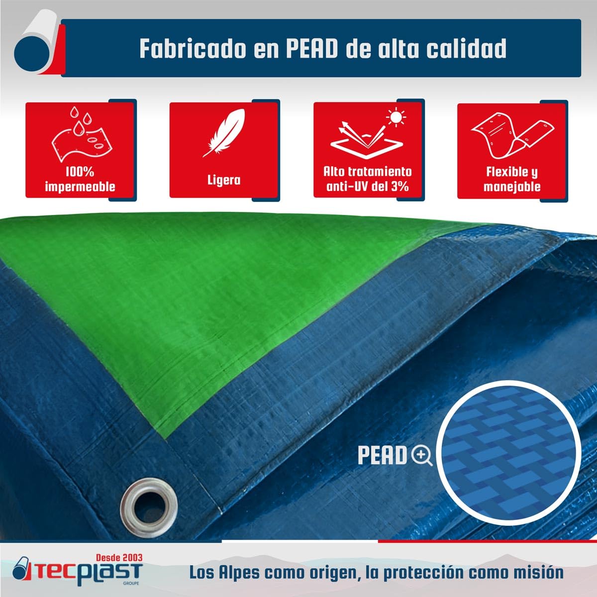 Lona Impermeable 5x8 m - TECPLAST - SR150MU - Azul y Verde Lona Exterior con Ojales - Anti Rayos UV