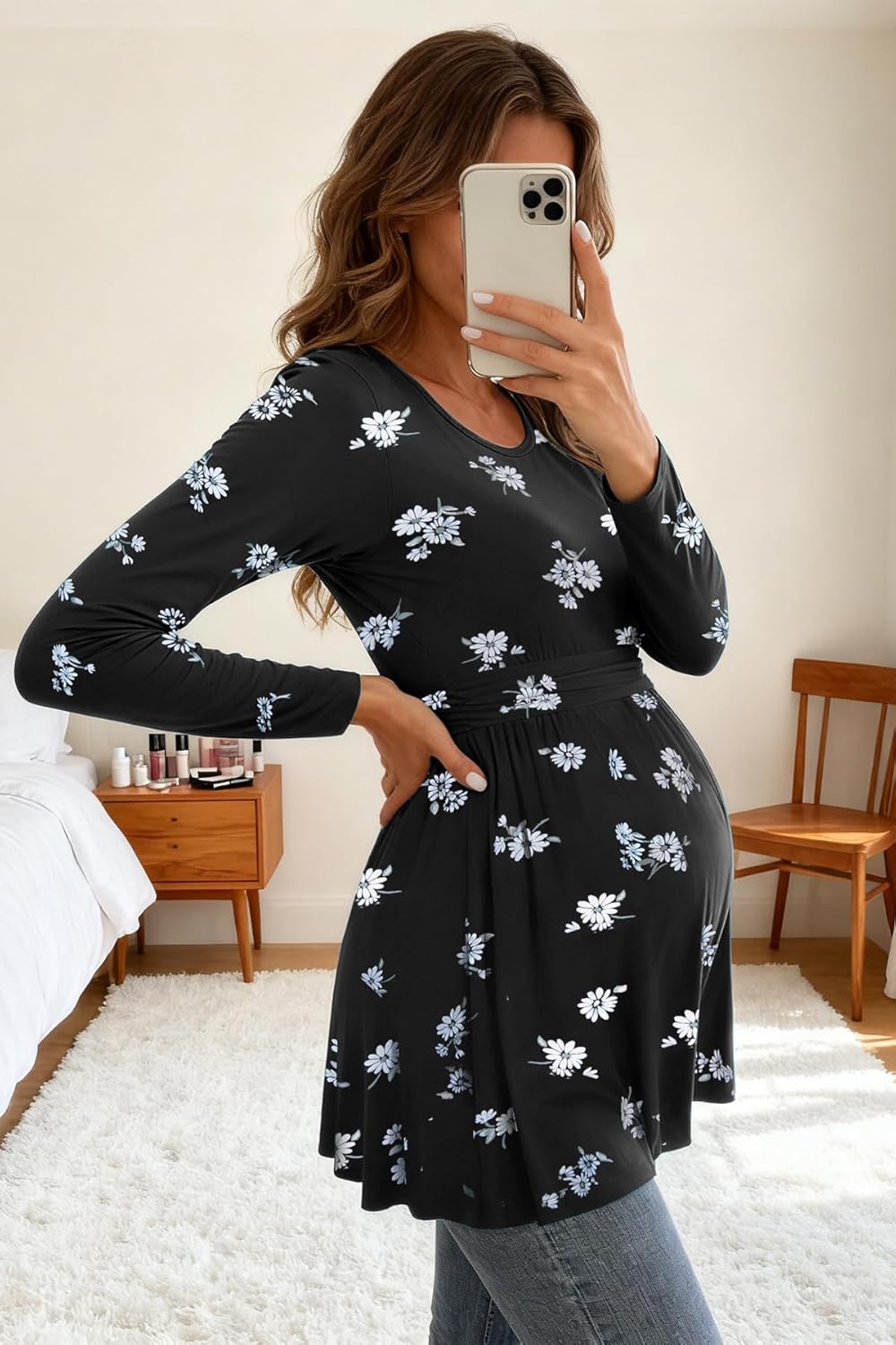 Women's Maternity Tops Short & Long Sleeve Pleated Waist Shirts Pregnancy Clothes - Image 7