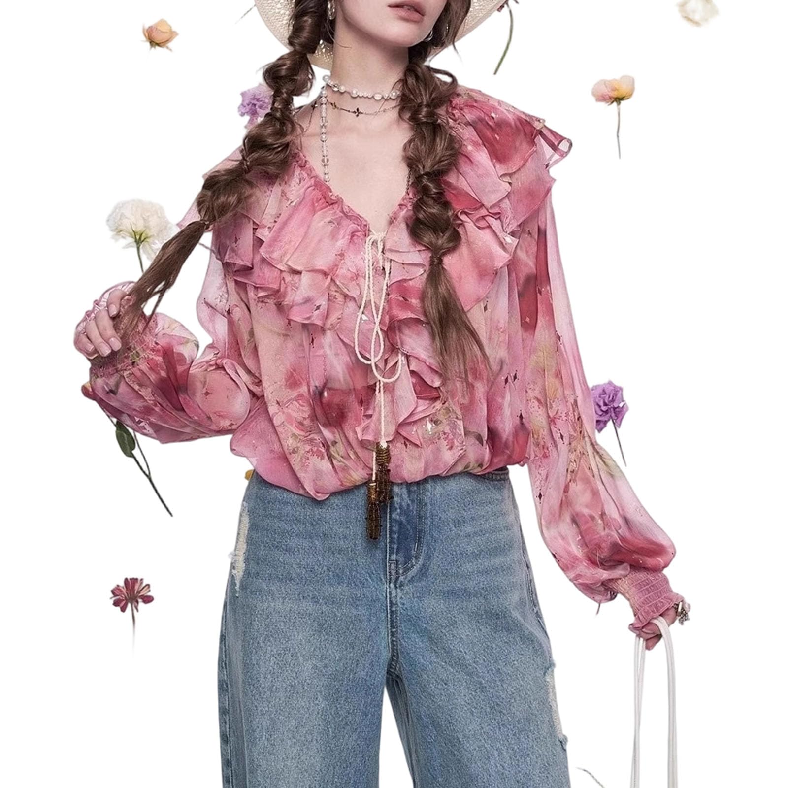 Blouse pour femmes à volants imprimée, col en V, manches longues, tendance, élégante, chemisier en chiffon à fleurs