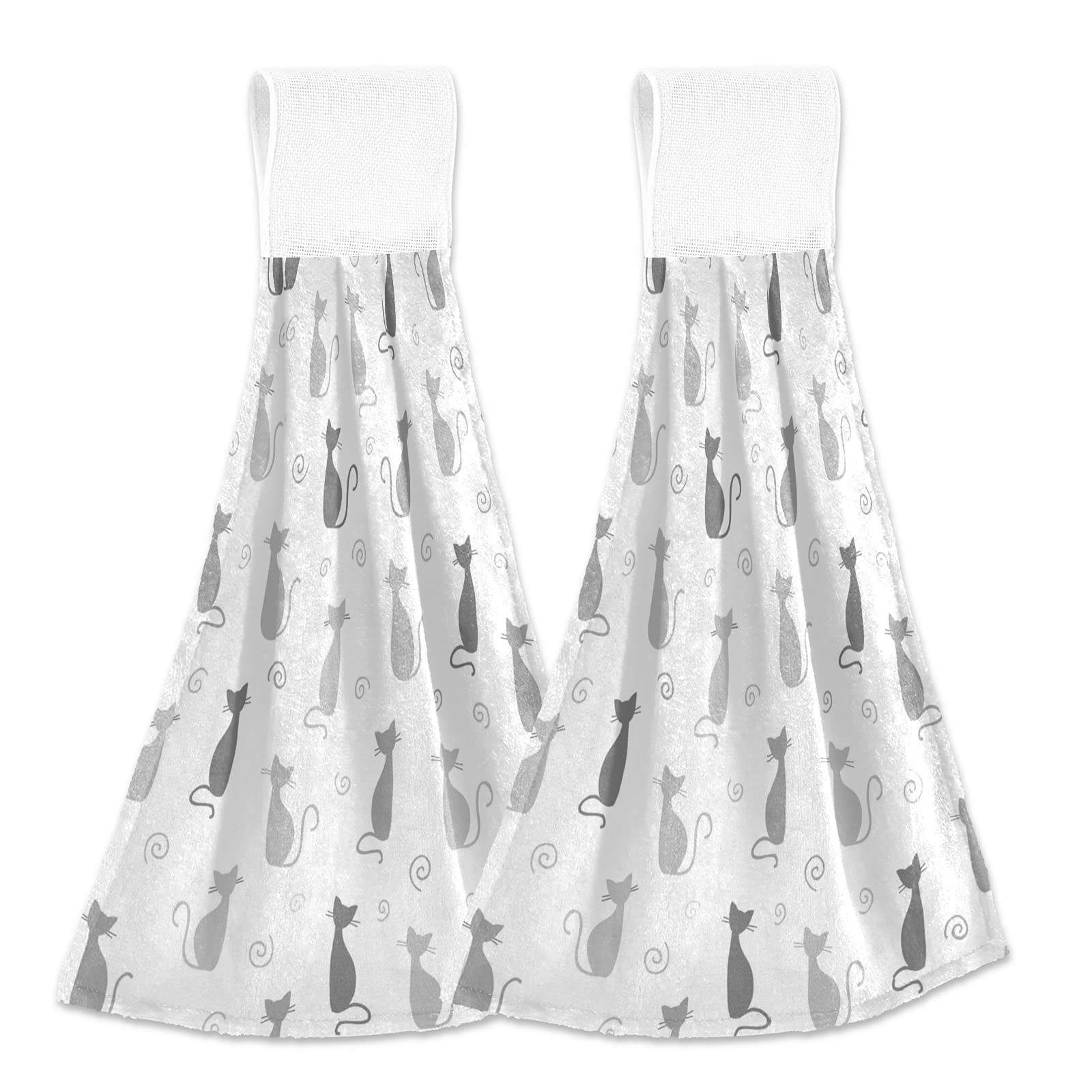 Poeticcity Seamless Grey Black Cats Silhouettes on White 2 PCs Hanging Kitchen Hand Towel, Dish Dishcloth Towels with Hanging Loop, Absorbent Tea Bar Bath Tie Towel for Tabletop Kitchen