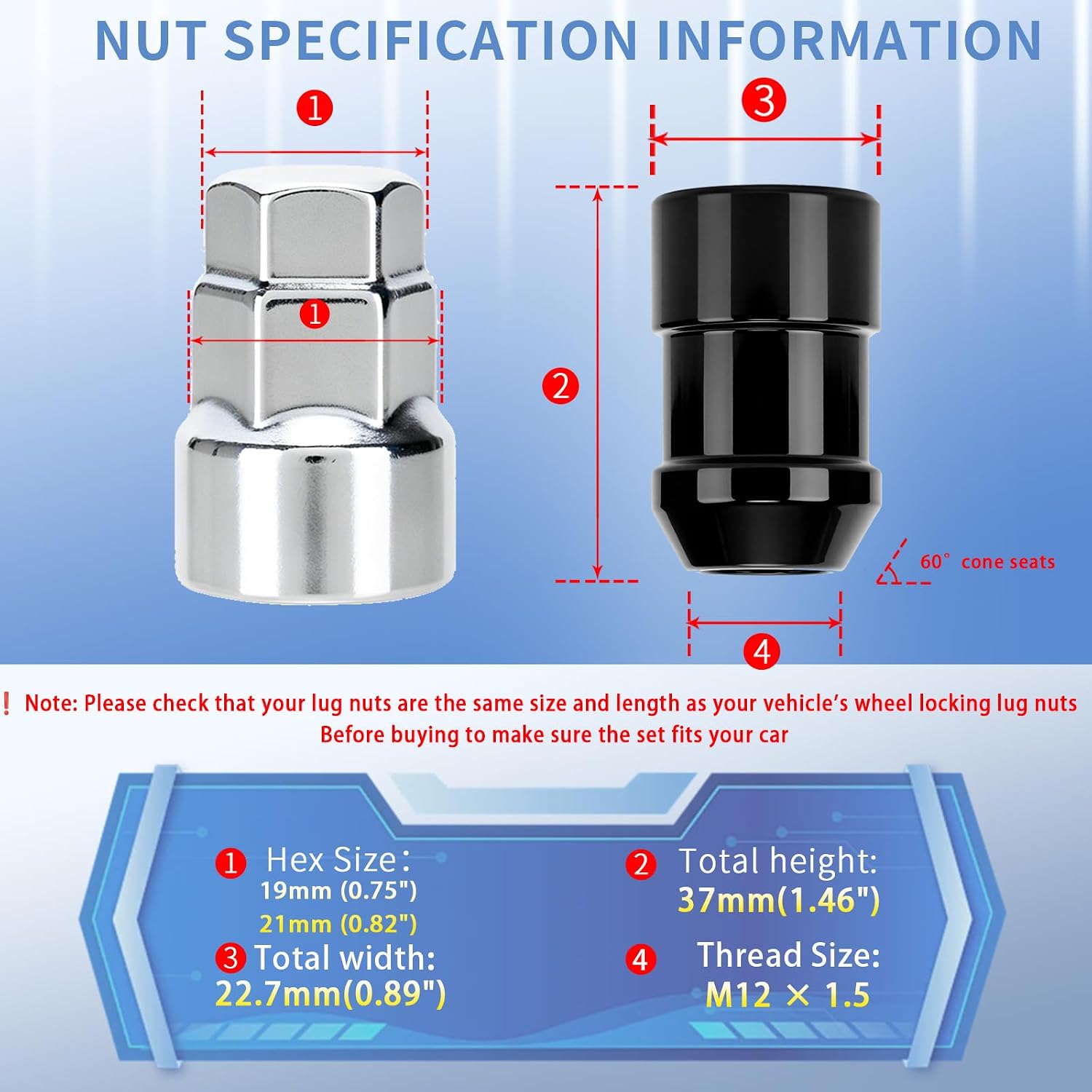 24526 Wheel Lock Lug Nut M12x1.5 Anti Theft Fit for Ford Fusion Focus Escape, Honda Accord Civic CRV, Chevy Cruze Malibu, Jeep Compass Patriot, Cone Seat Wheel Locks Black - Set of 5