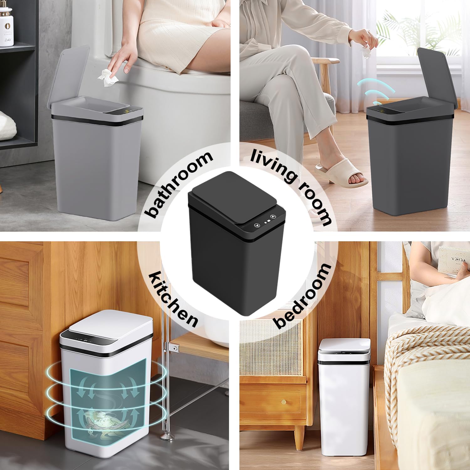 Black Slim Touchless Motion Sensor Trash Can with Lid