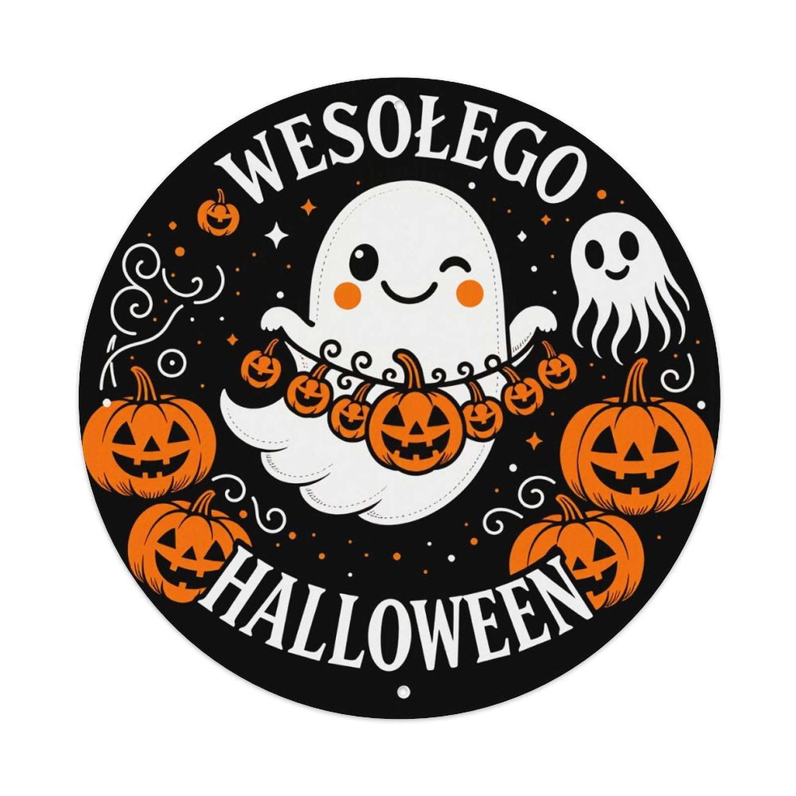 Ghost Pumpkins Stars Swirls Halloween Round Tin Sign Vintage Style Metal Sign Home Bar Garden Wall Plaque Decor Metal Poster 8x8 Inch