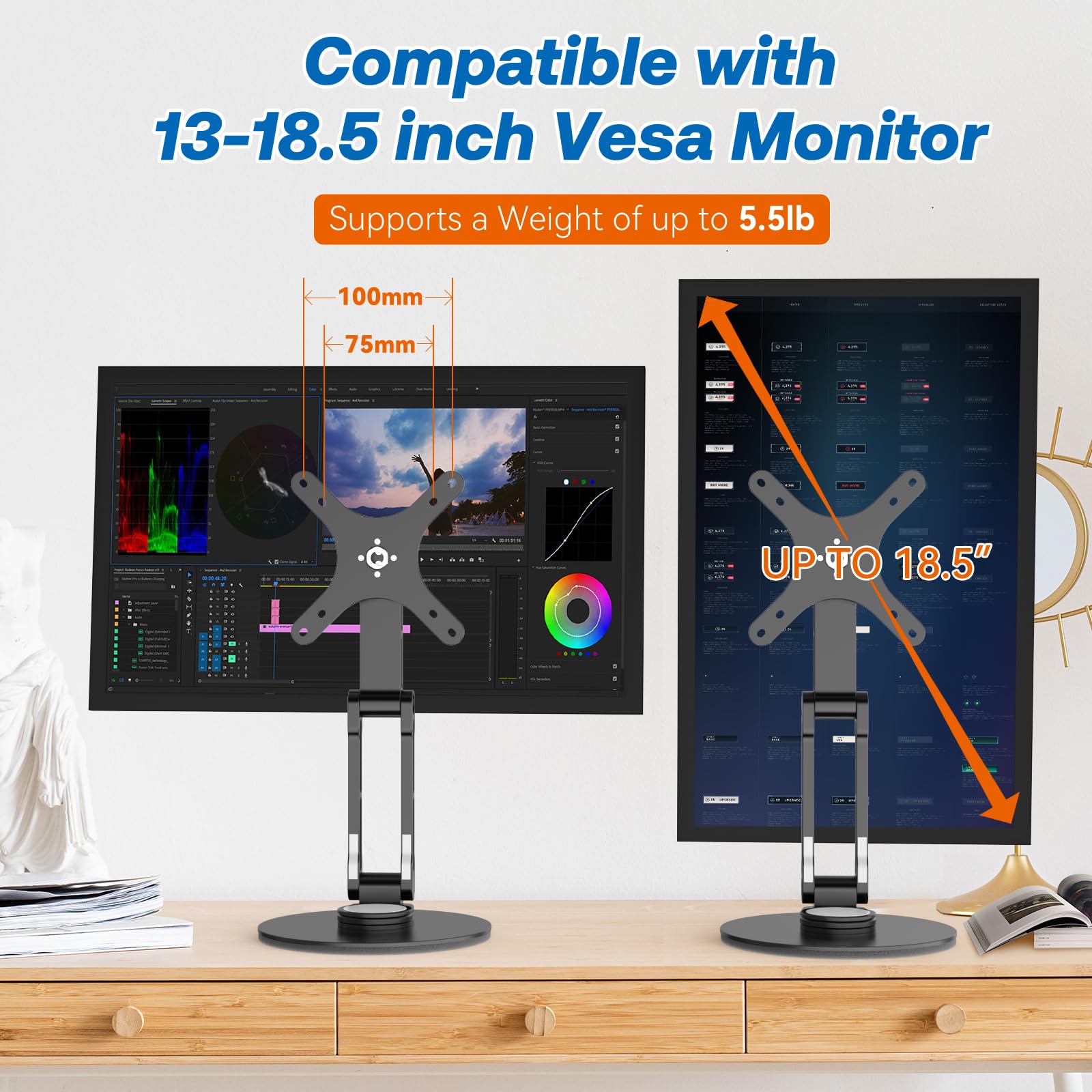 Echo Show 15 Soporte giratorio e inclinable, diseño de tres bisagras, ángulo y altura ajustables con base de rotación de 360°, soporta cambiar entre pantallas horizontales y verticales, hecho de