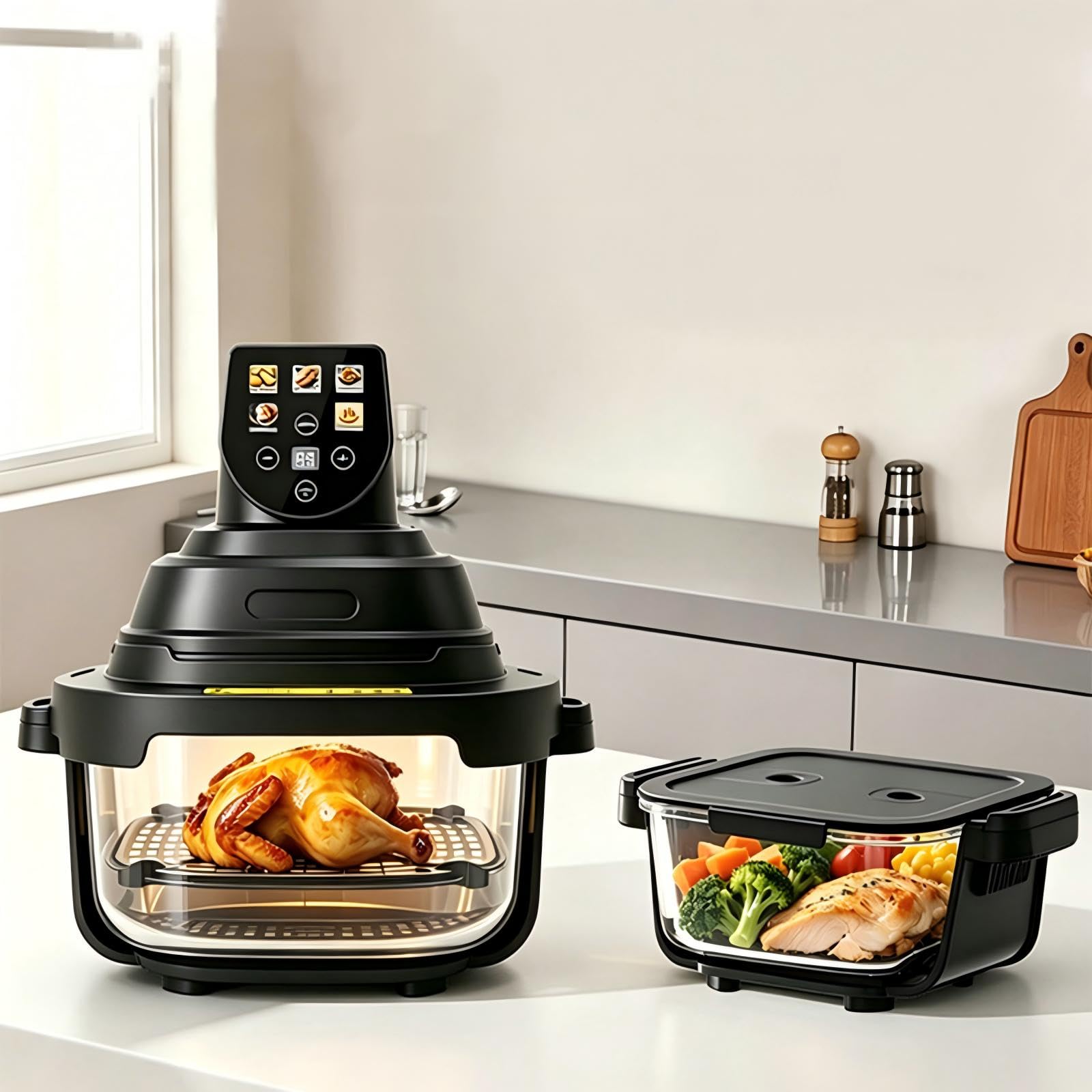 Freidora de aire caliente de cristal, 1500 W, con 2 recipientes de vidrio