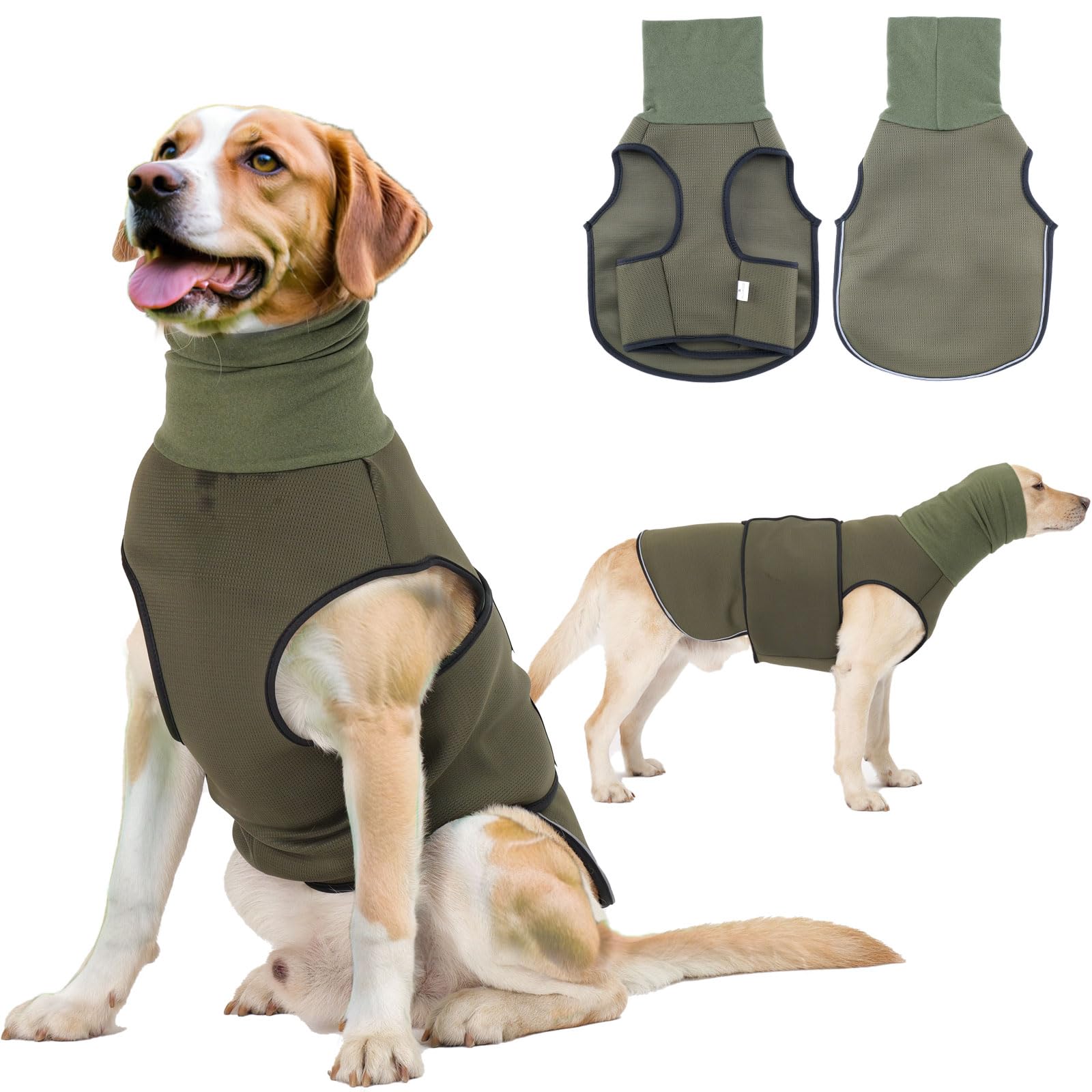 Cappotto Anti Ansia per Cane con Copricapo Cappelli Giacca per Ansia per Cani Mesh Traspirante Cinghia con Chiusura a Strappo Regolabile Strisce Riflettenti Calmare L'ansia del Cane (Olive XS)