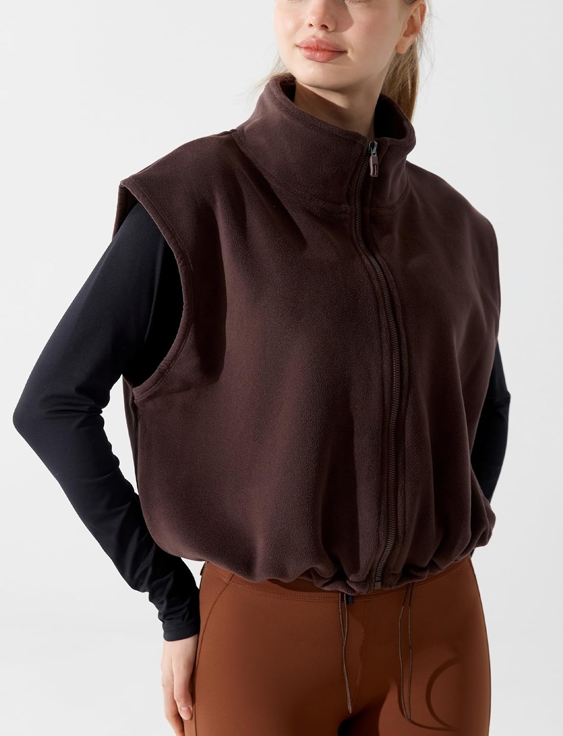 FEOYA Women's Fleece Vest Full Zip Sherpa Crop Windproof Sleeveless Jacket Stand Collar Winter Outerwear Workout Vest