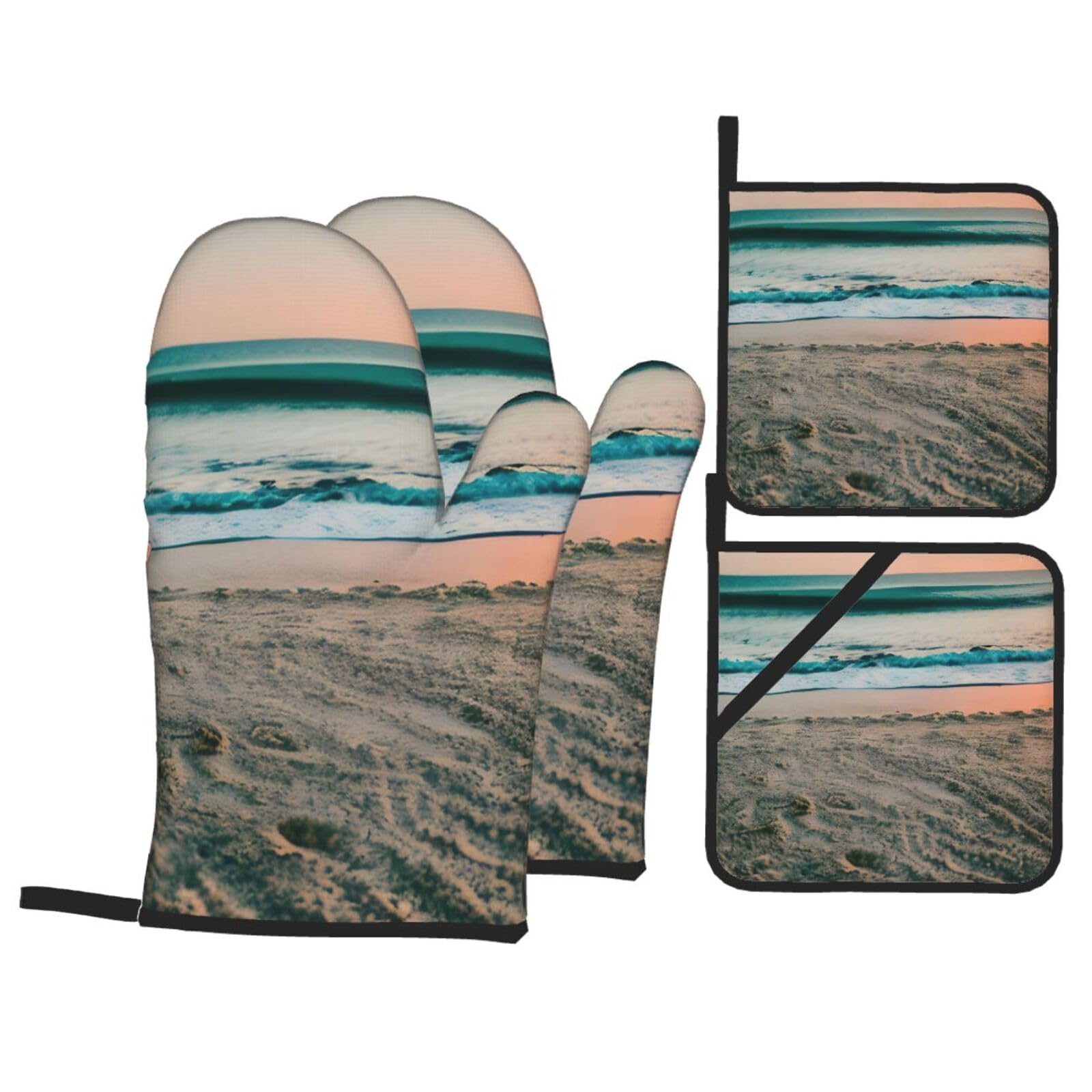 Beach Sunset Theme Print 4-Piece Heat-Resistant Oven Waterproof Kitchen Gloves Cooking Roasting Essential