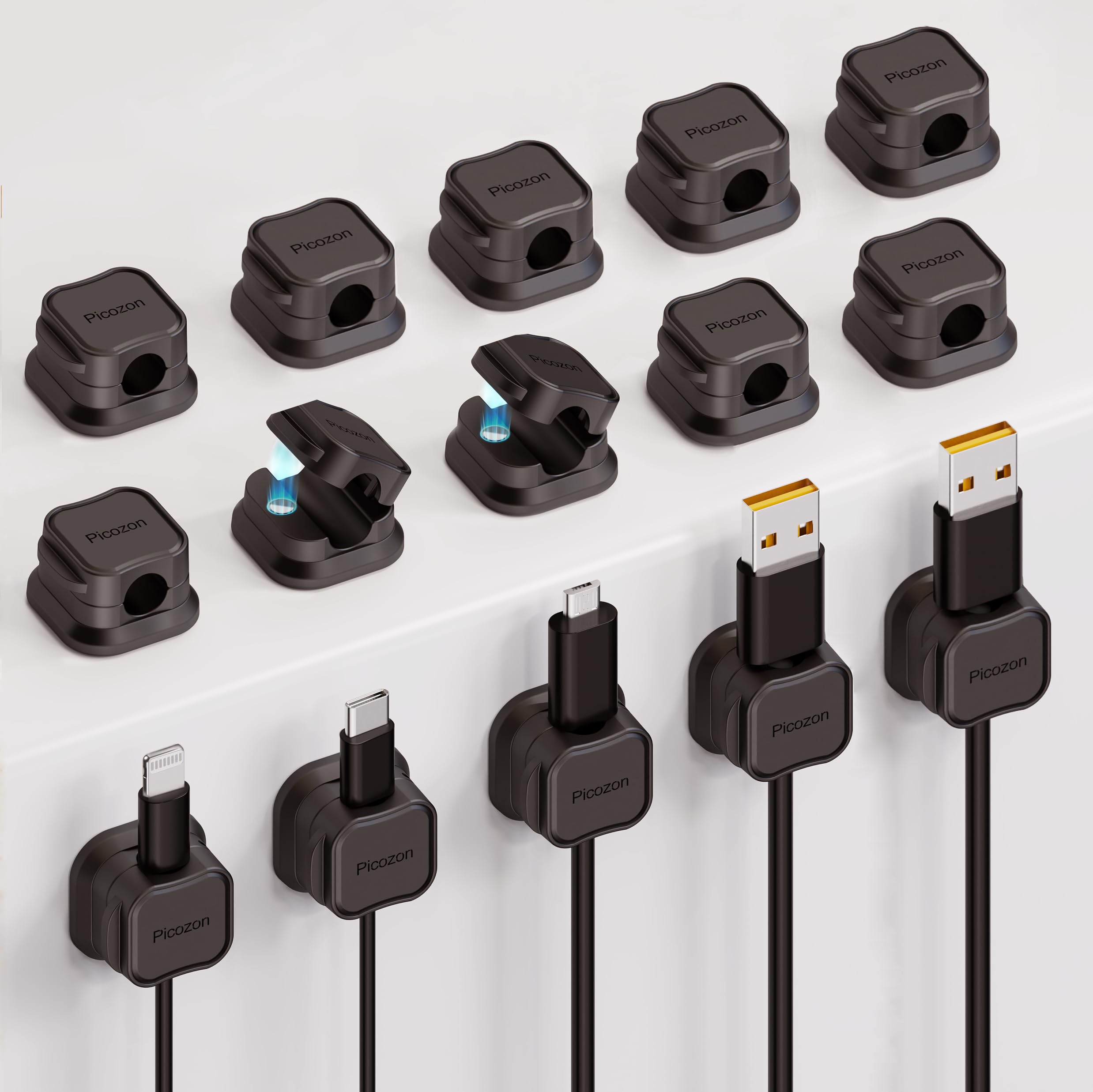 15 Pack Magnetic Cable Clip Organizer Cord Holder, Picozon Adhesive Cable Management, Wire Phone USB Charger Cable Holder Keeper Organizer for Car, Office Home Desktop, Wall, Night Table - Black
