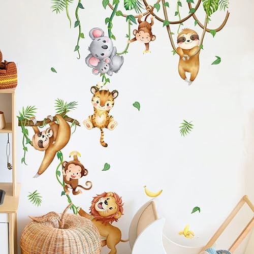 Runtoo Calcomanías de pared de animales de selva, mono, koala, león, arte de pared para guardería, dormitorio de niños, decoración del hogar