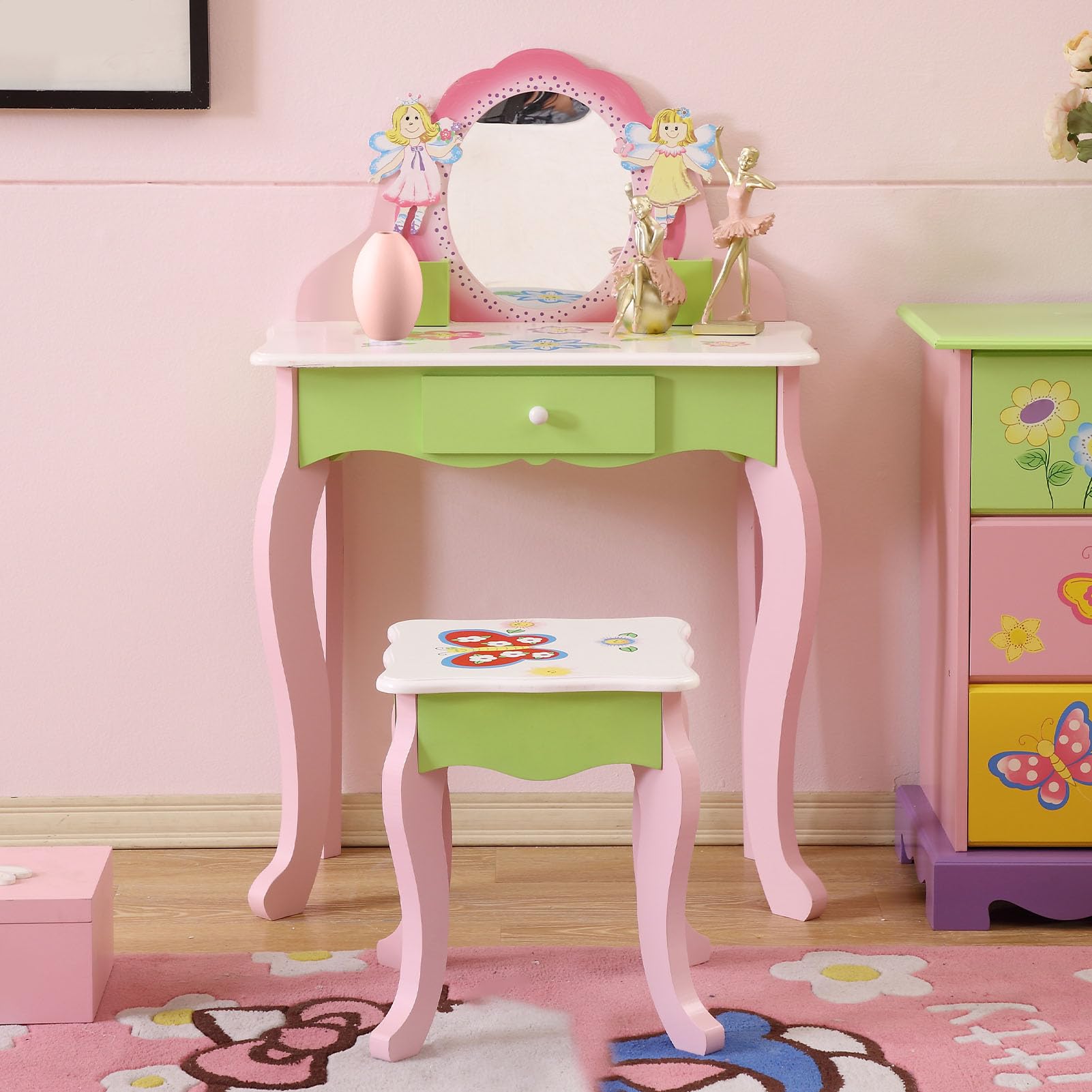 Kids Vanity Set with Stool, Wooden Makeup Dresser Table with Mirror, Flower Fairy Design with Storage Drawer, Safety Anti-Tip for Girls Age 3 and Up