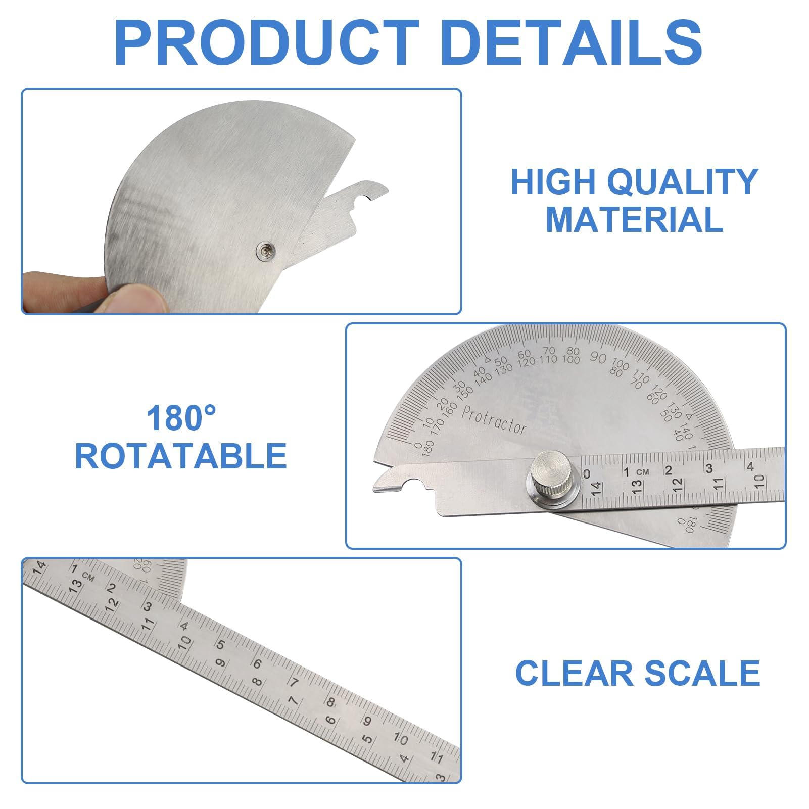 Rapporteur D'angle En Acier Inoxydable 0-180° – Règle 140 Mm, Vis De Blocage, Pour Bricolage, Menuiserie - 3