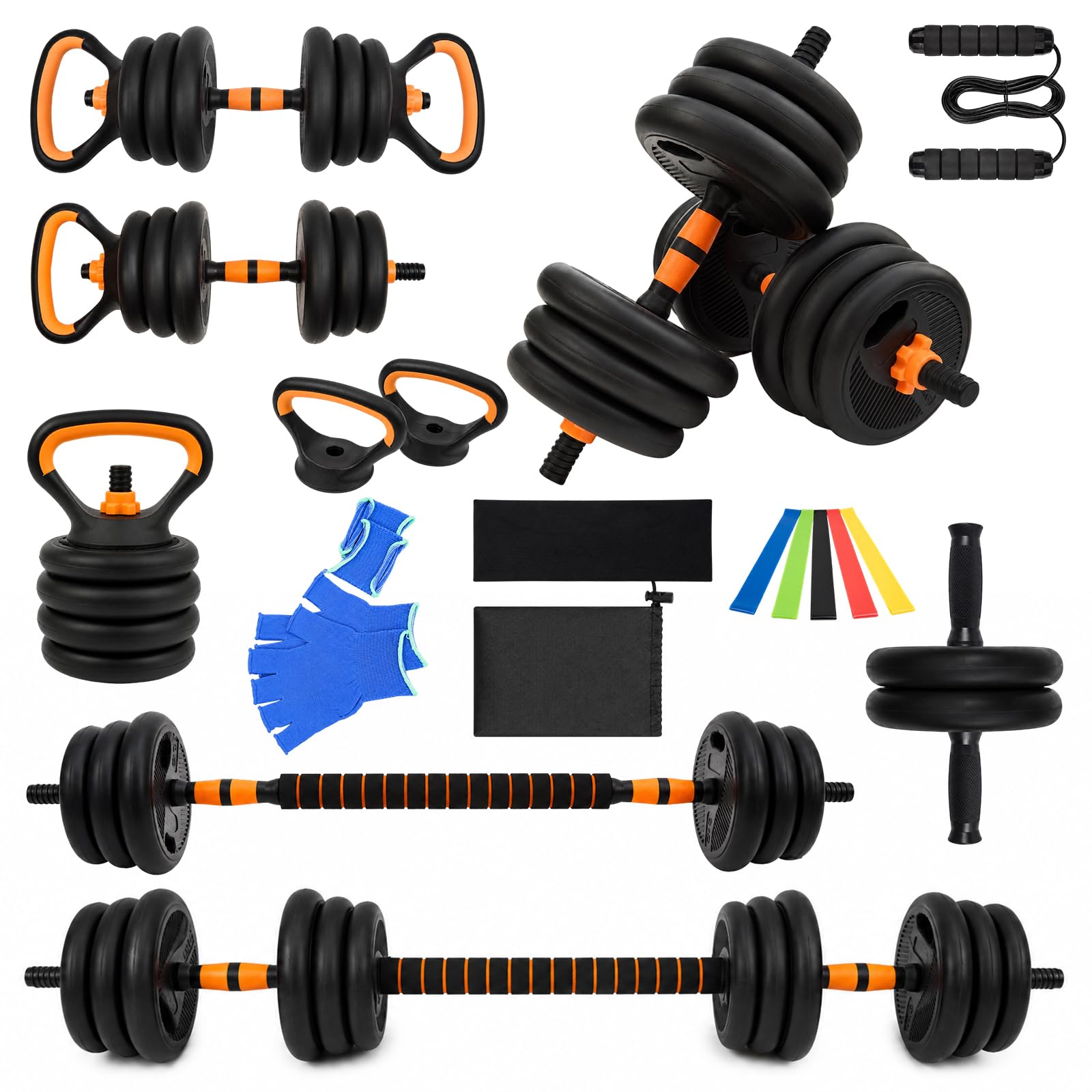 6-in-1 Multifunktions-Hantelset 20KG – Verstellbare Kurzhantel & Langhantel mit Kettlebell, Liegestützgriffen, Springseil & Bauchtrainer, Fitness Set