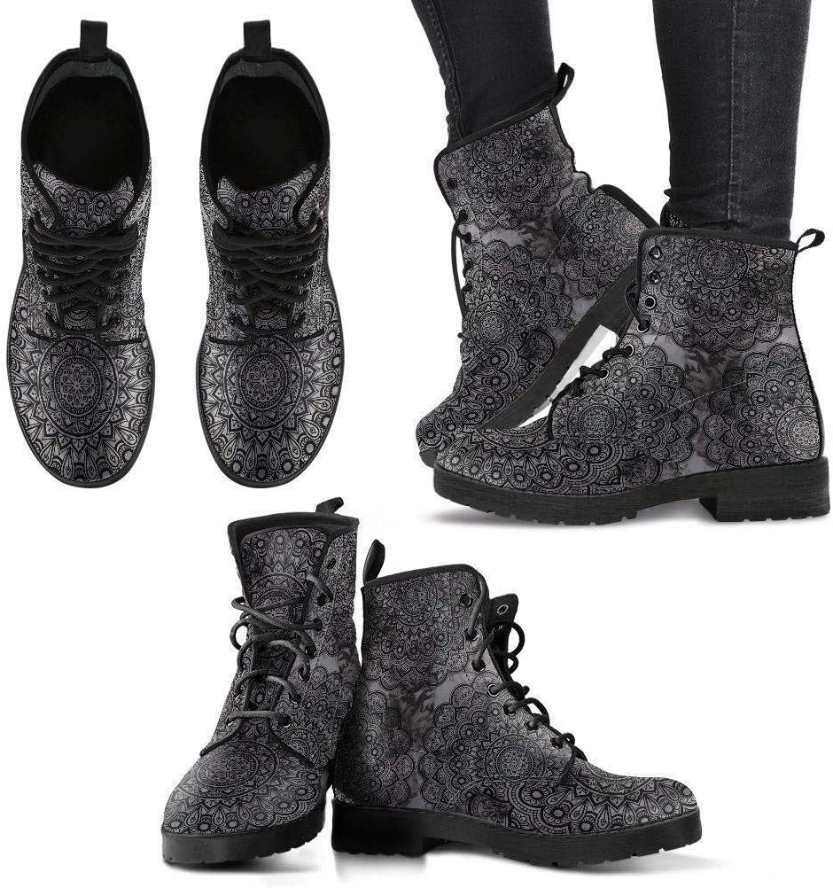 Black Mandala Memory Foam Boots | All Season Lace Up Boots | Vegan Leather Combat Boot
