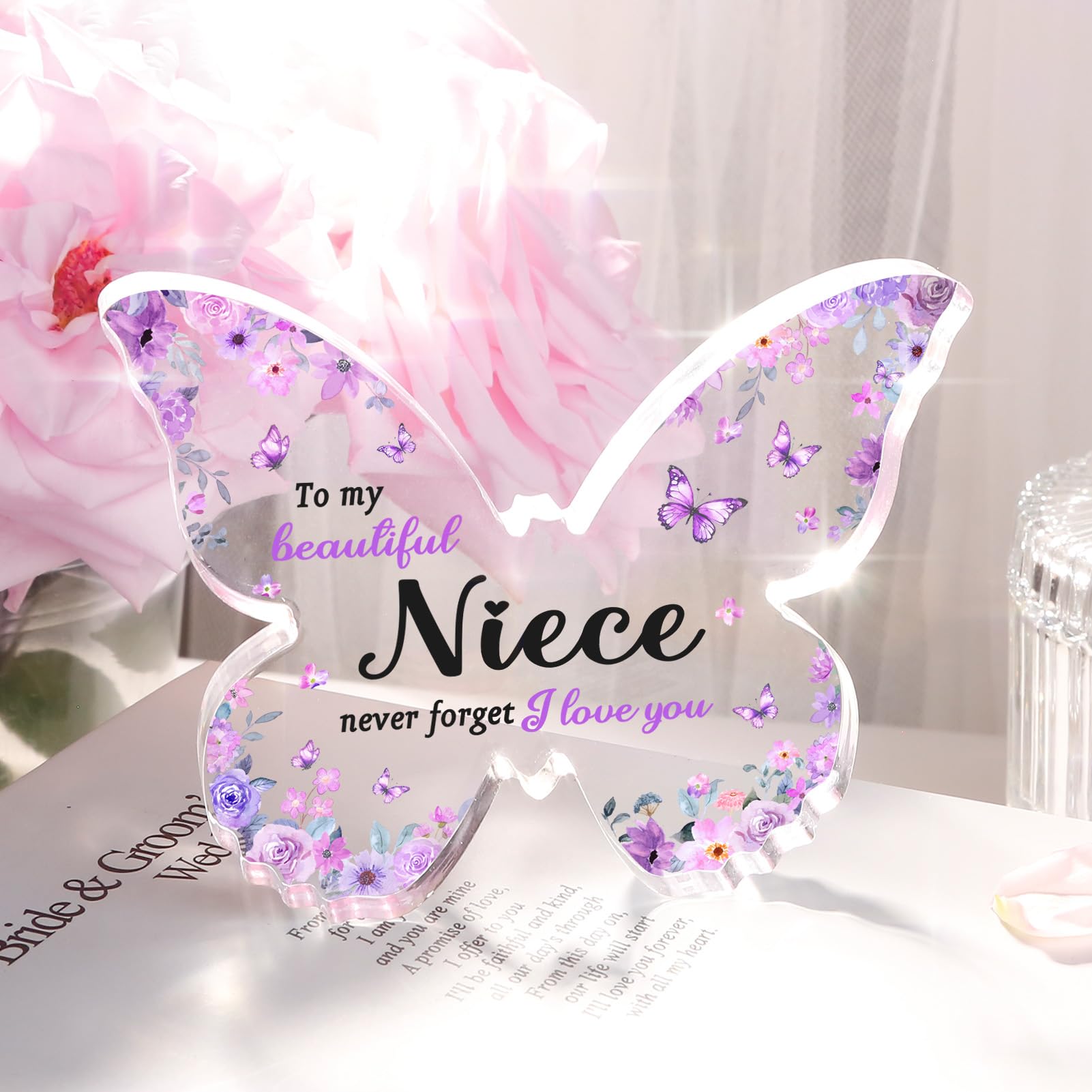 Niece Gifts from Auntie Aunt Uncle - Unique Purple Butterfly Acrylic Plaque Desk Decor - Mothers Day Christmas Valentines Day Graduation Gift for Niece - 5 x 3.8 x 0.5 inches