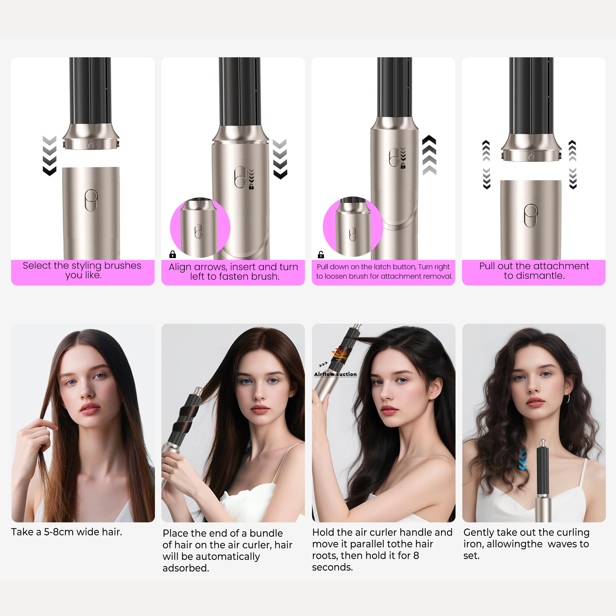 6 en 1 Hairstyler Cepillo de Aire Airstyler Secador Pelo con Difusor Moldeador Pelo con 6 Accesorios para el Peinado Cepillo Alisador Pelo Rizador Pelo Ondas Caja Regalos para Mujer, Oro-platino