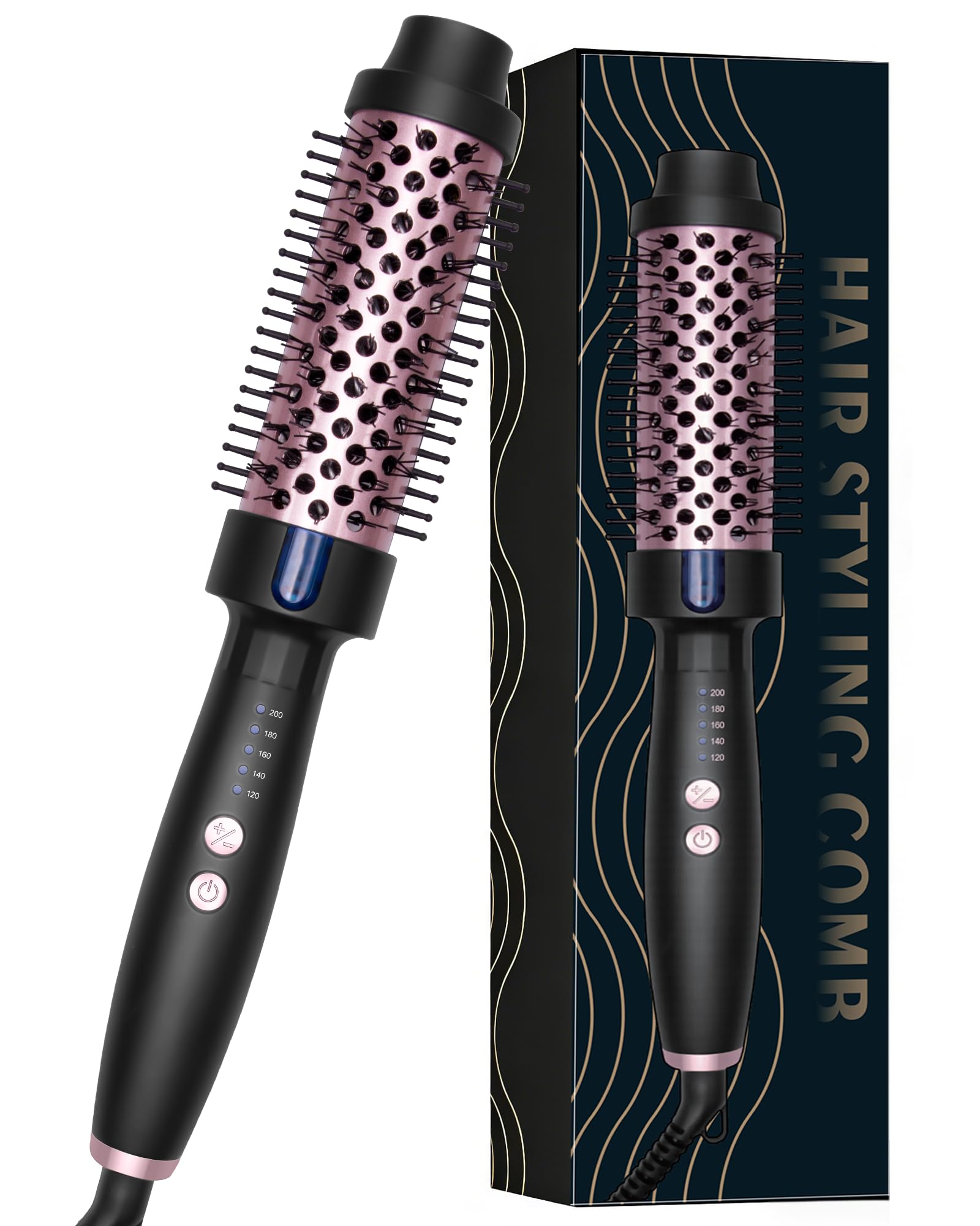UKLISS Thermobürste 38mm, Thermal Brush LCD-Anzeige 120-200℃, 3 in 1 Pro Ionische Thermo Rundbürste, Hot Brush Doppelspannung für Reise (Schwarz Rosa)