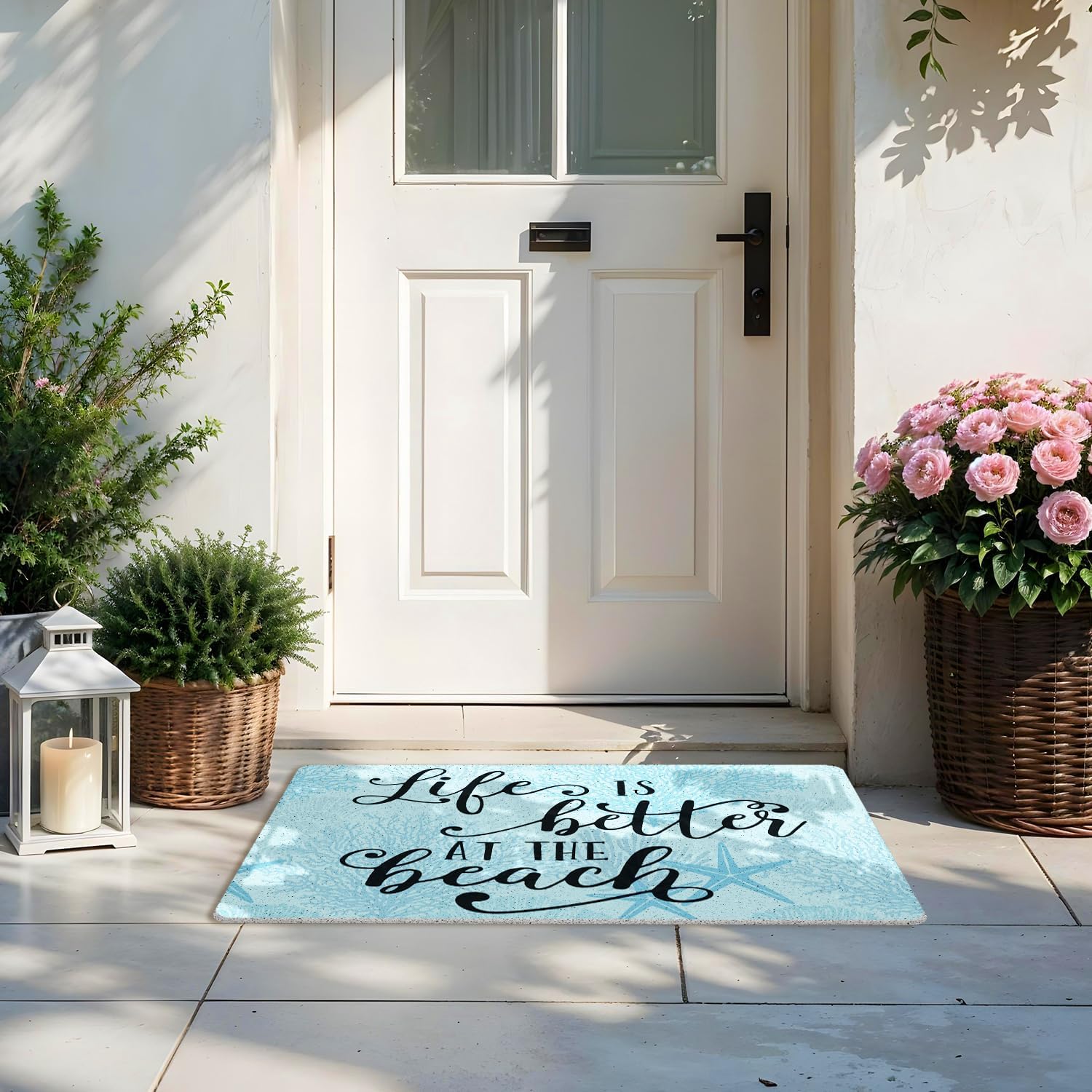 Coastal Beach Door Mat, Life is Better at The Beach Welcome Doormat for Front Door Indoor Outdoor Porch Entrance Entryway, Blue Ocean Beachy Welcome Mat Outside, 17x30 Inches