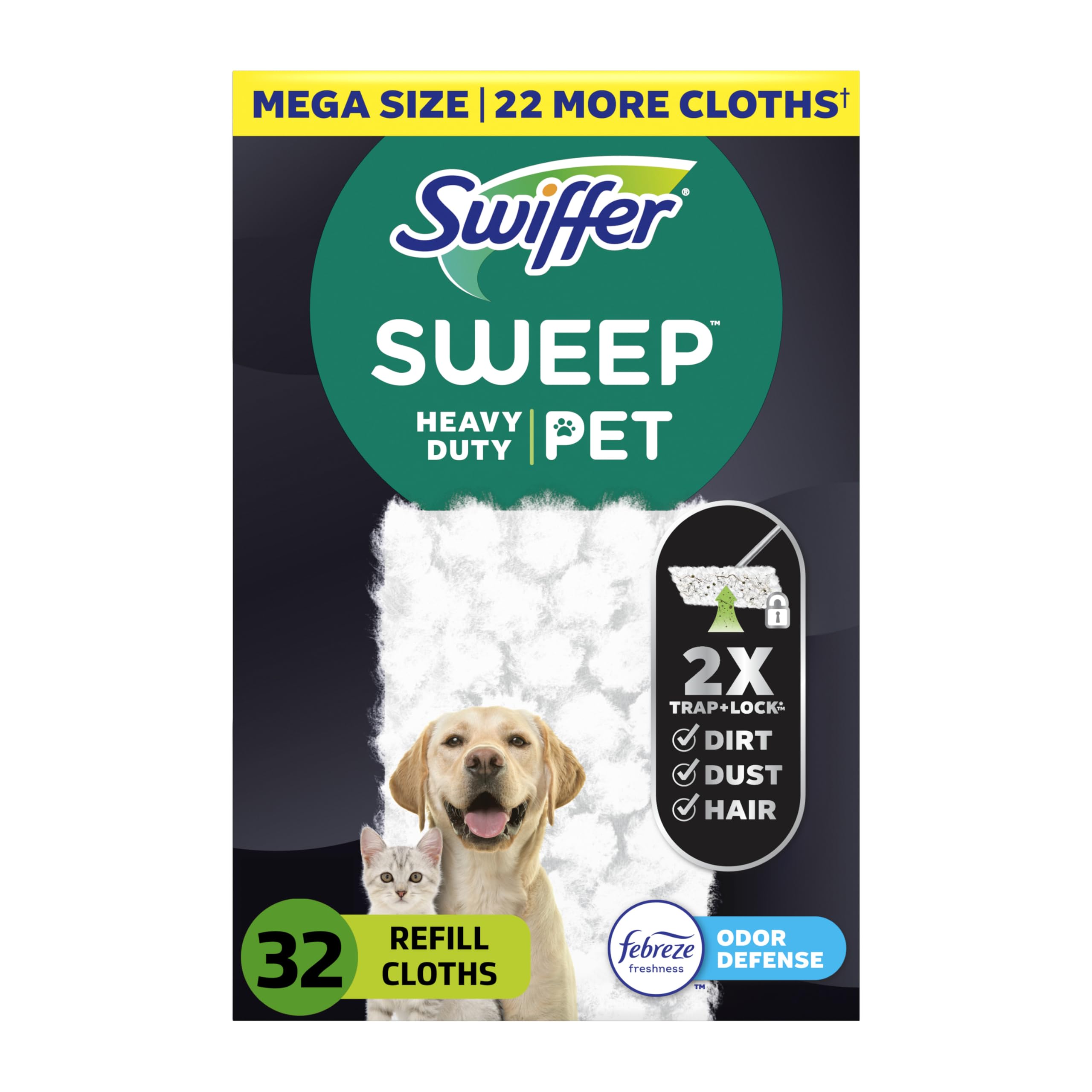 Sweeper Pet, Heavy Duty Dry Sweeping Cloth Refills with Febreze Odor Defense, 32 Count