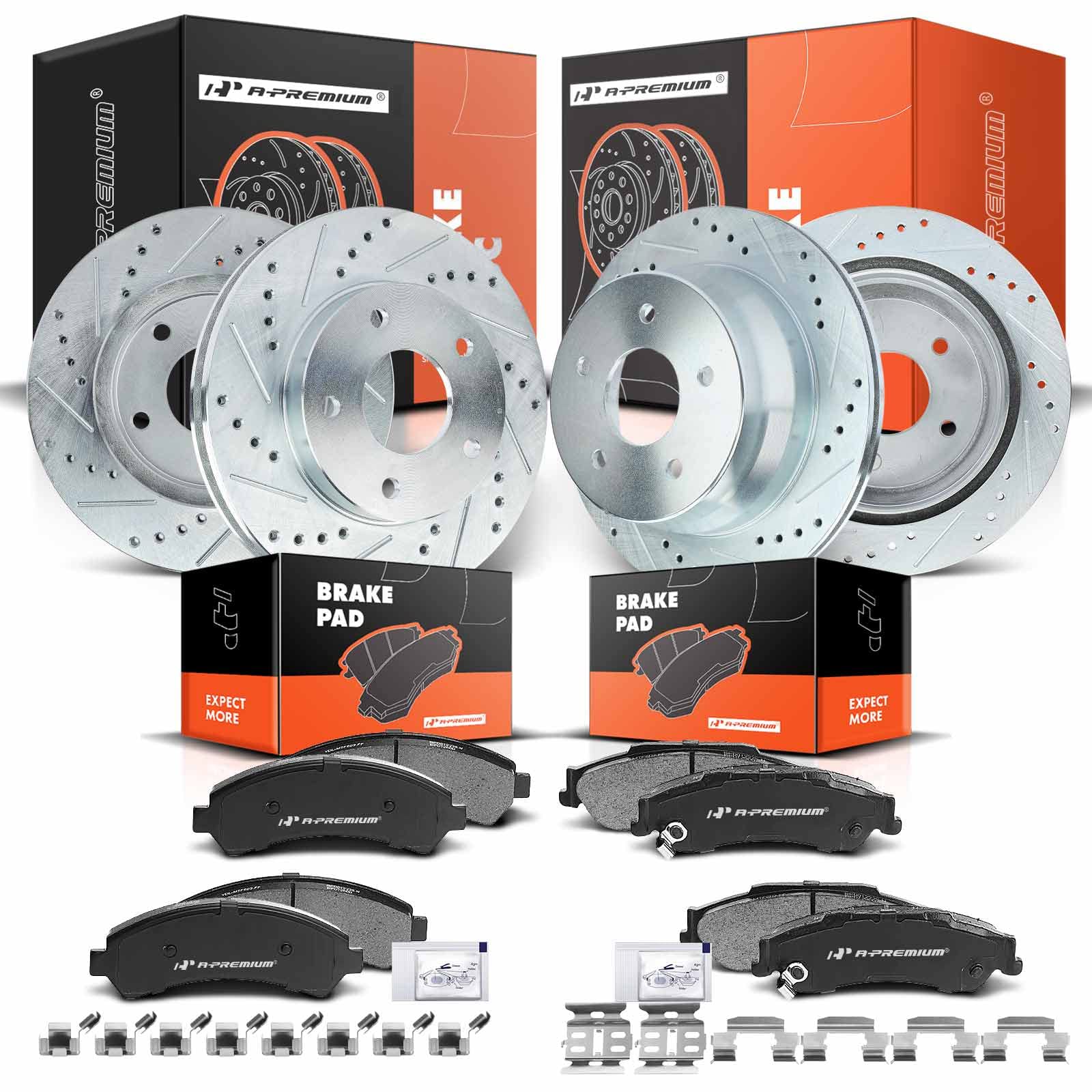 a-premium front and rear drilled and slotted disc brake rotors + ceramic pads kit compatible with select chevy, gmc, isuzu and oldsmobile models - blazer, s10, jimmy, sonoma, hombre, bravada