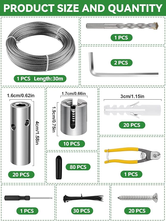 Kalolary 185PCS 30M Stainless Steel Garden Wire Trellis for Climbing Plants