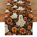 Halloween Tischläufer 33*183CM Halloween Deko Tischwäsche Niedlicher Geist Chrysantheme Tischdecke Leinen Vintage Orange Schwarz Abwaschbare tischdeko Halloween Geeignet für Küche Halloween Party
