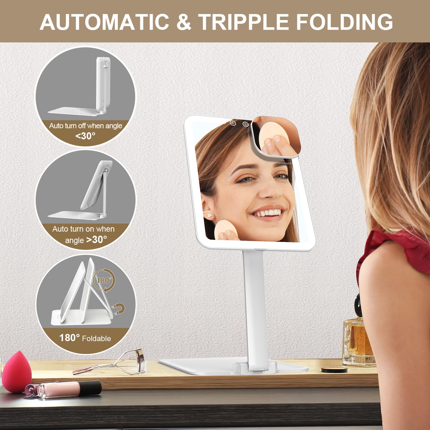Mocado Rechargeable Foldable Travel Makeup Mirror with Lights