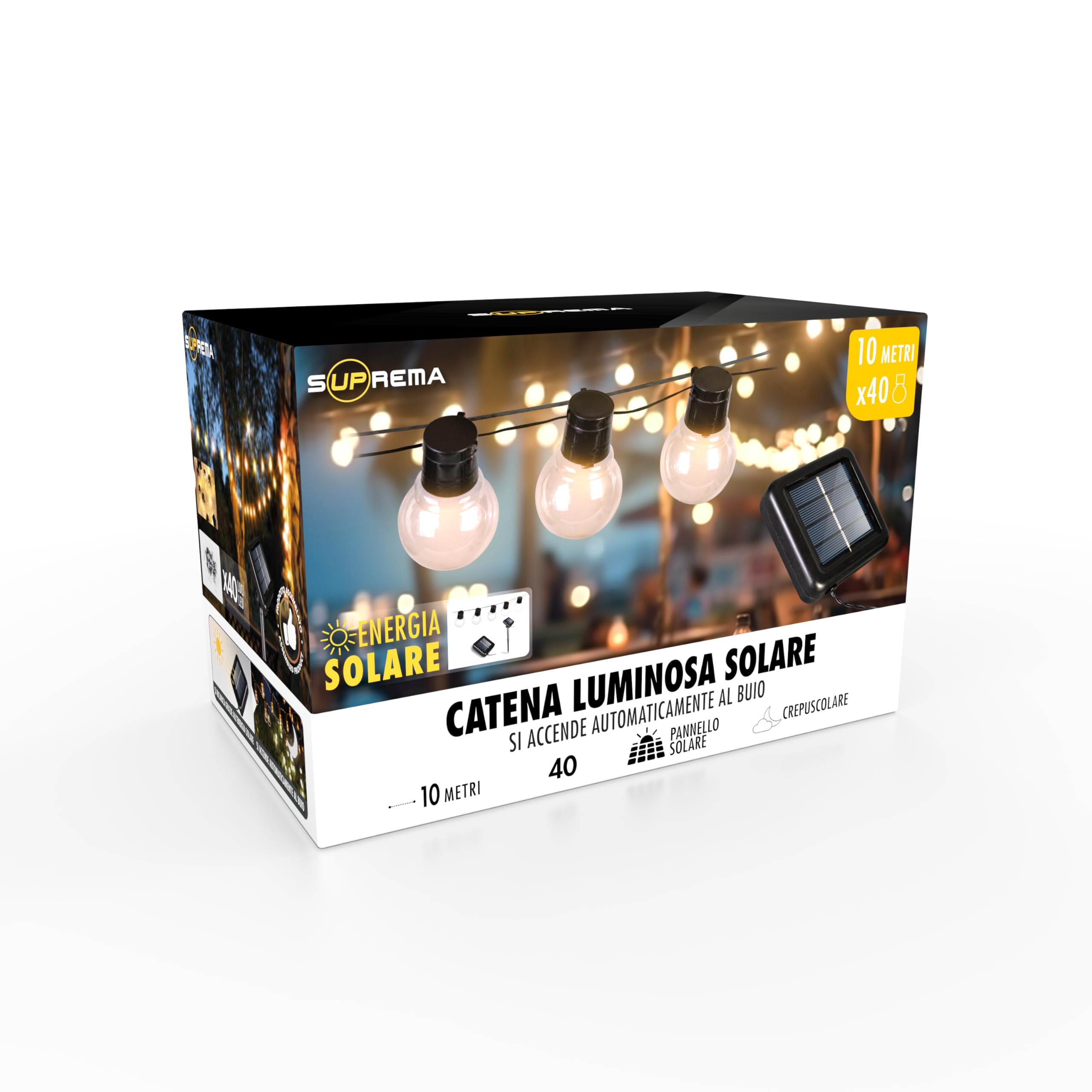 Suprema, Cadena luminosa exterior solar 10 m, 40 luces LED, sensor crepuscular, juegos de luces, USB-C, IP45, mando a distancia y accesorios incluidos