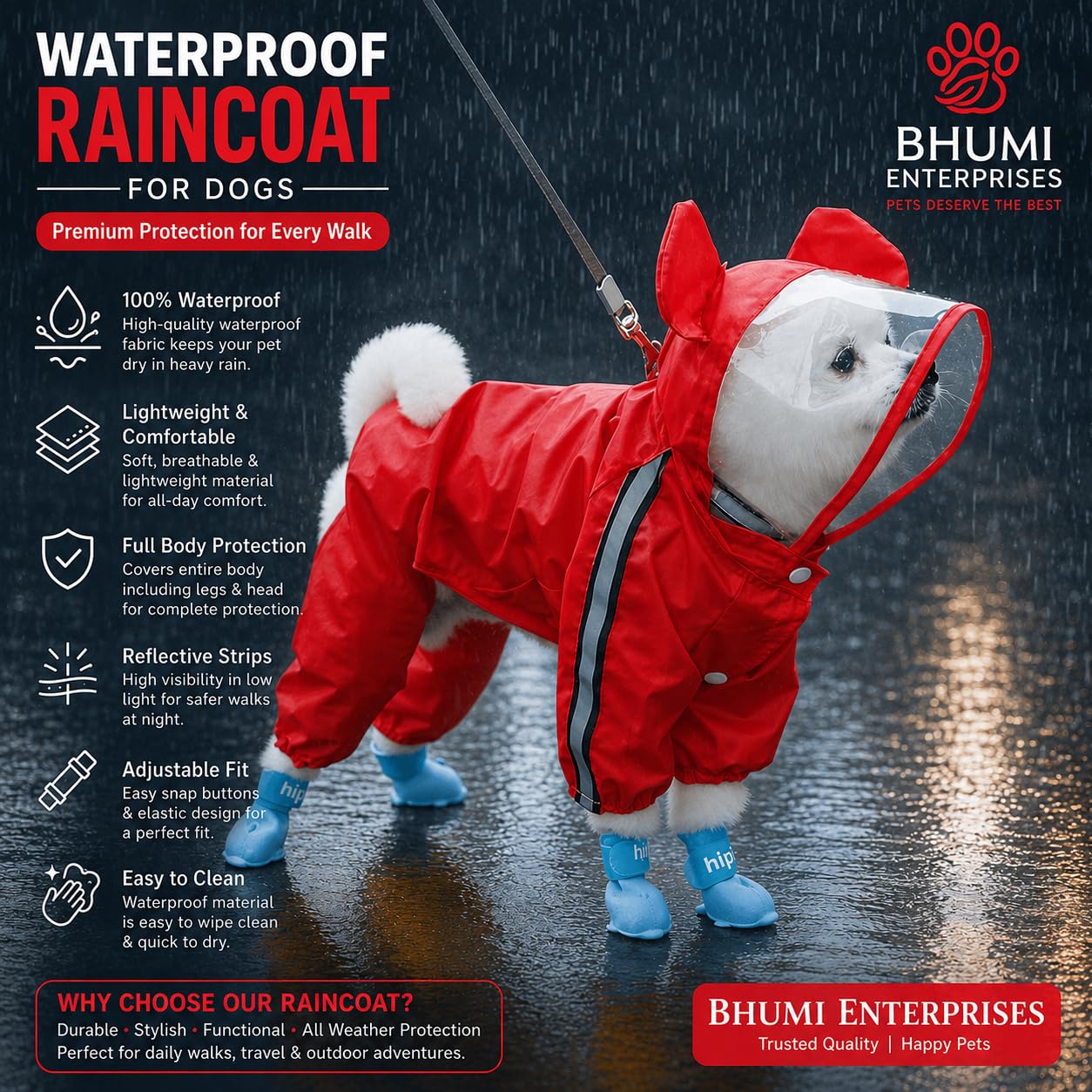 Dog Raincoats Rain Snow Coats Waterproof Clothing (4 Four Legs) Raincoat Full Cover Dogs Hooded Transparent (with Decorative Hooded Ears) (Red, 16,) 1