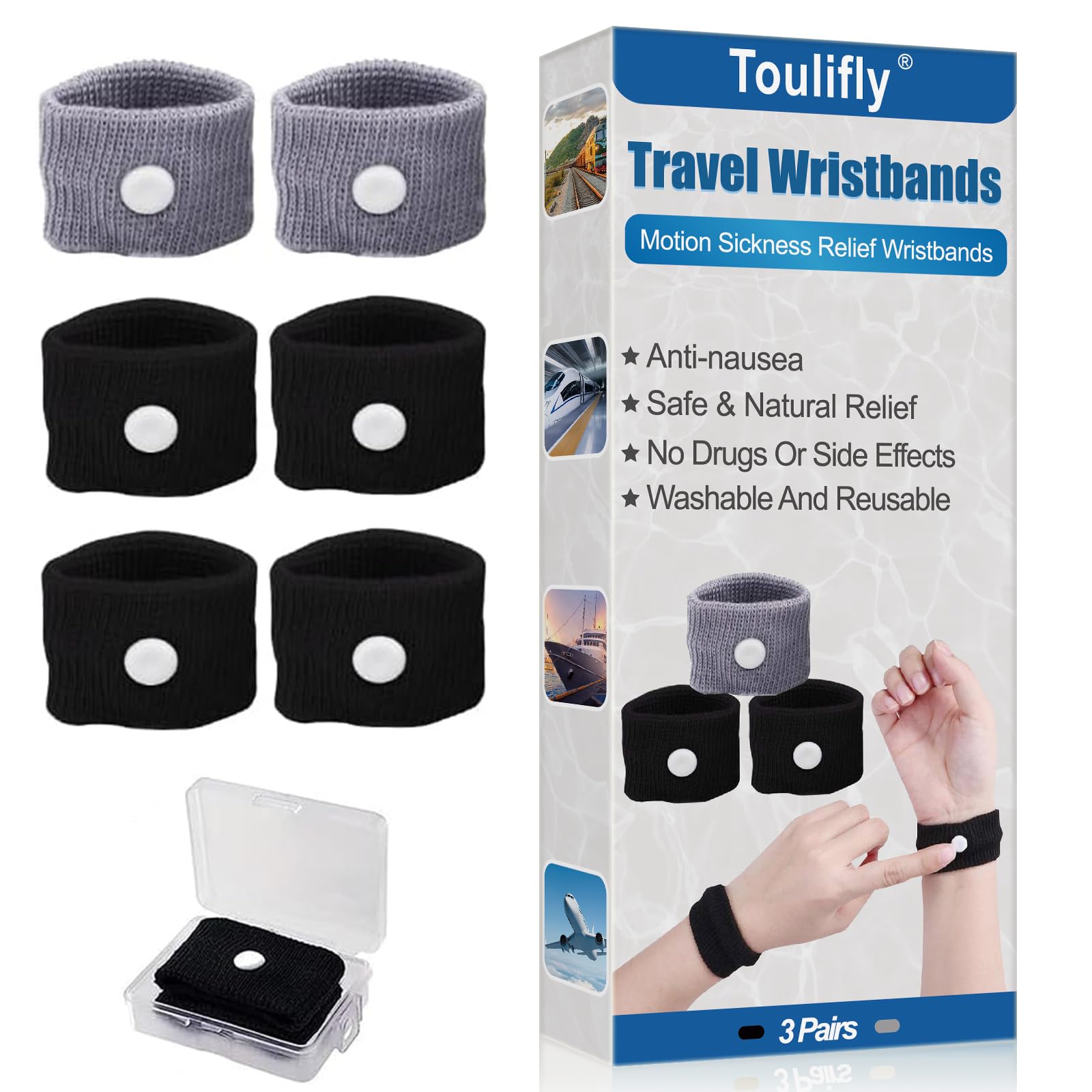 TOULIFLY Travel Wristbands, Anti Nausea Bands,Travel Motion Sickness Relief Wrist Band, Car Sickness Relief Wristbands, Natural Nausea Relief 3Pairs (Grey+Black)