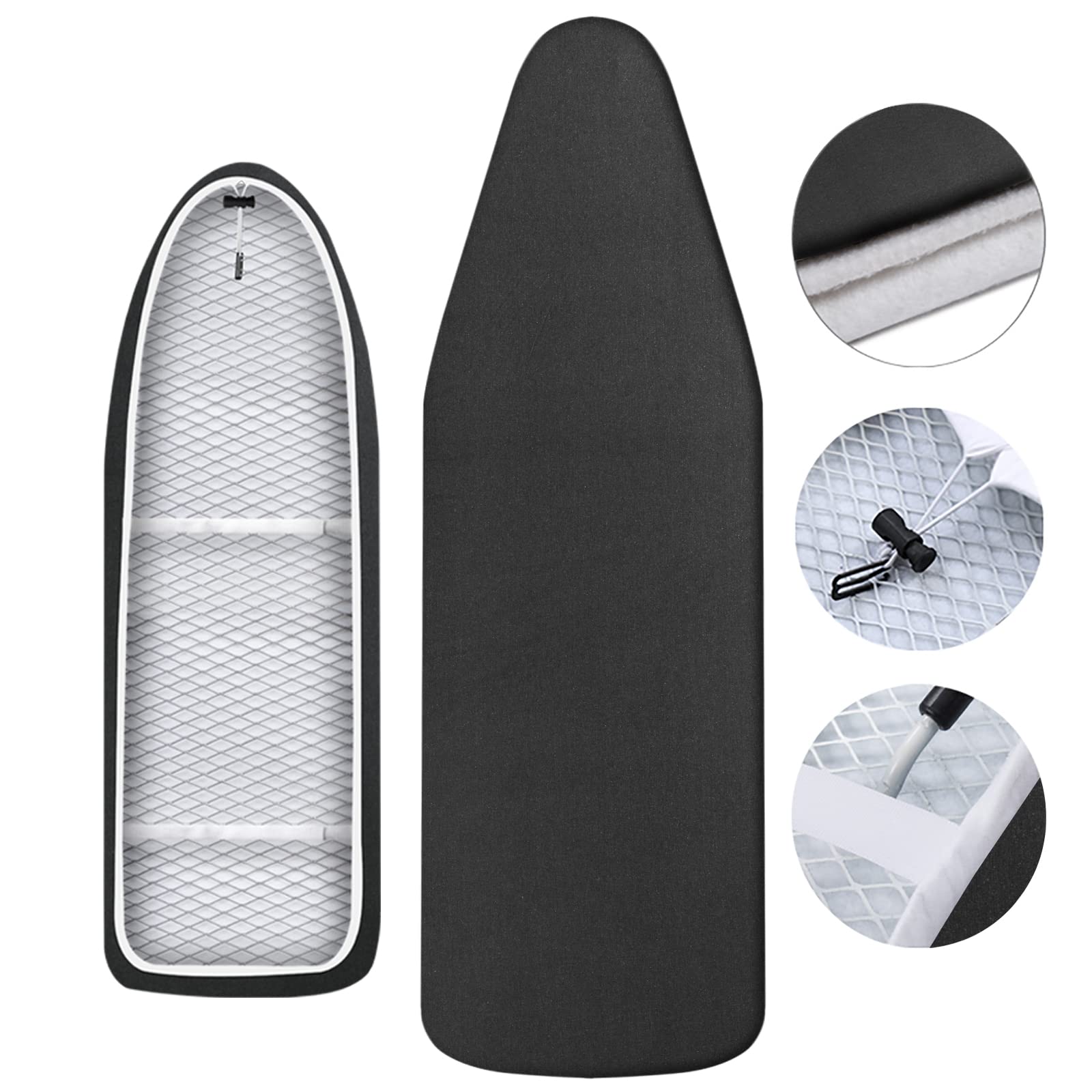 Copriasse da stiro, 140 x 45 cm, extra large, con top in 100% cotone e imbottitura spessa, facile da montare e resistente alle bruciature (nero, XXL)