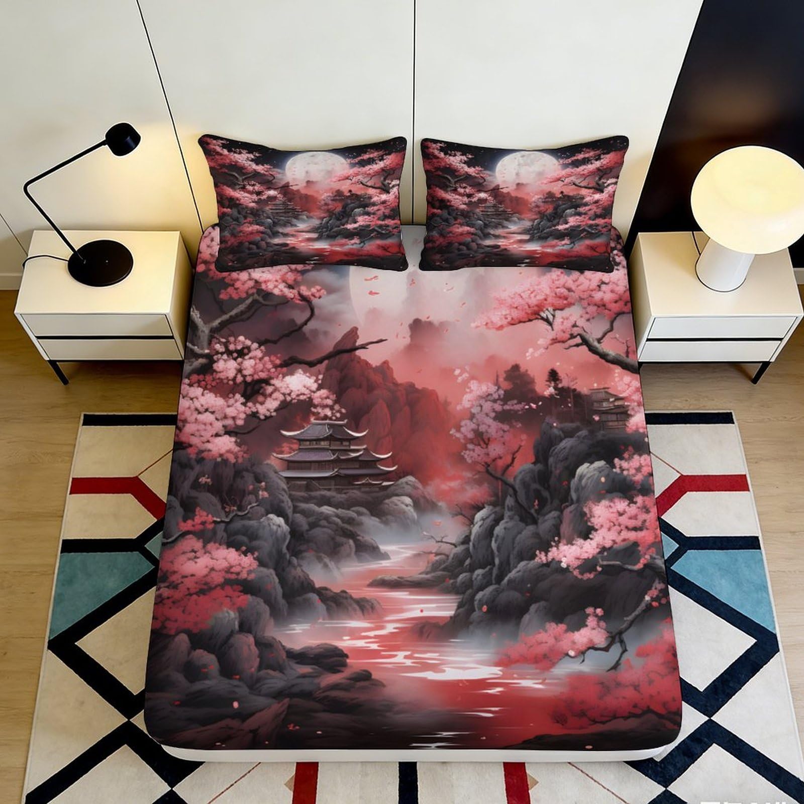 Pnayamiorkfel Style-7 3D Printed Sakura Moon Fitted Sheet Microfiber Soft Breathable Pagoda Landscape Bed Cover For Bedroom Decor 90X200x25cm