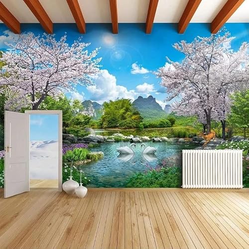 Custom Size Wall Murals，Nature Landscape Swan Lake，Removable Peel And Stick Self-Adhesive Wall Murals Large Photo Wallpaper #TOP2