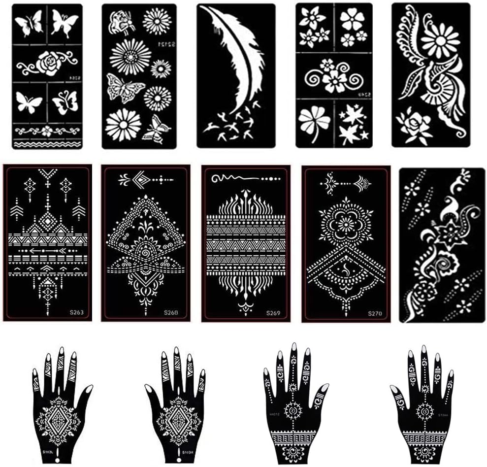 Rosymormor 14 Pcs Tattoo Stencils Kit, Temporary Tattoo Temples Set, Indian Arabian Henna Stickers for Finger Hand Body Art Painting