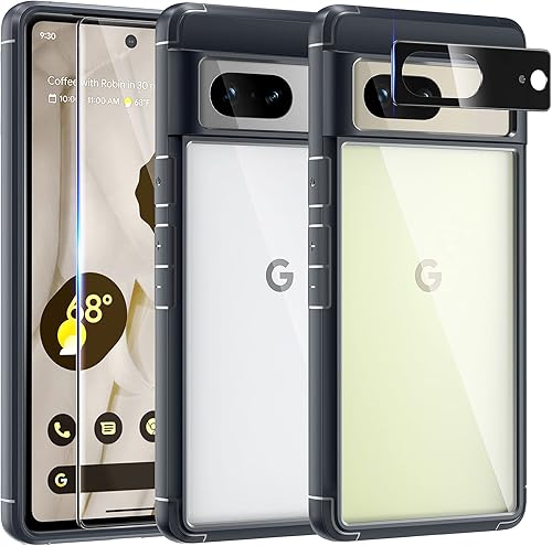 TAURI Funda 5 en 1 para Google Pixel 7, No se pone amarillenta con 2 protectores de pantalla de vidrio templado + 2 protectores de lente de cámara,